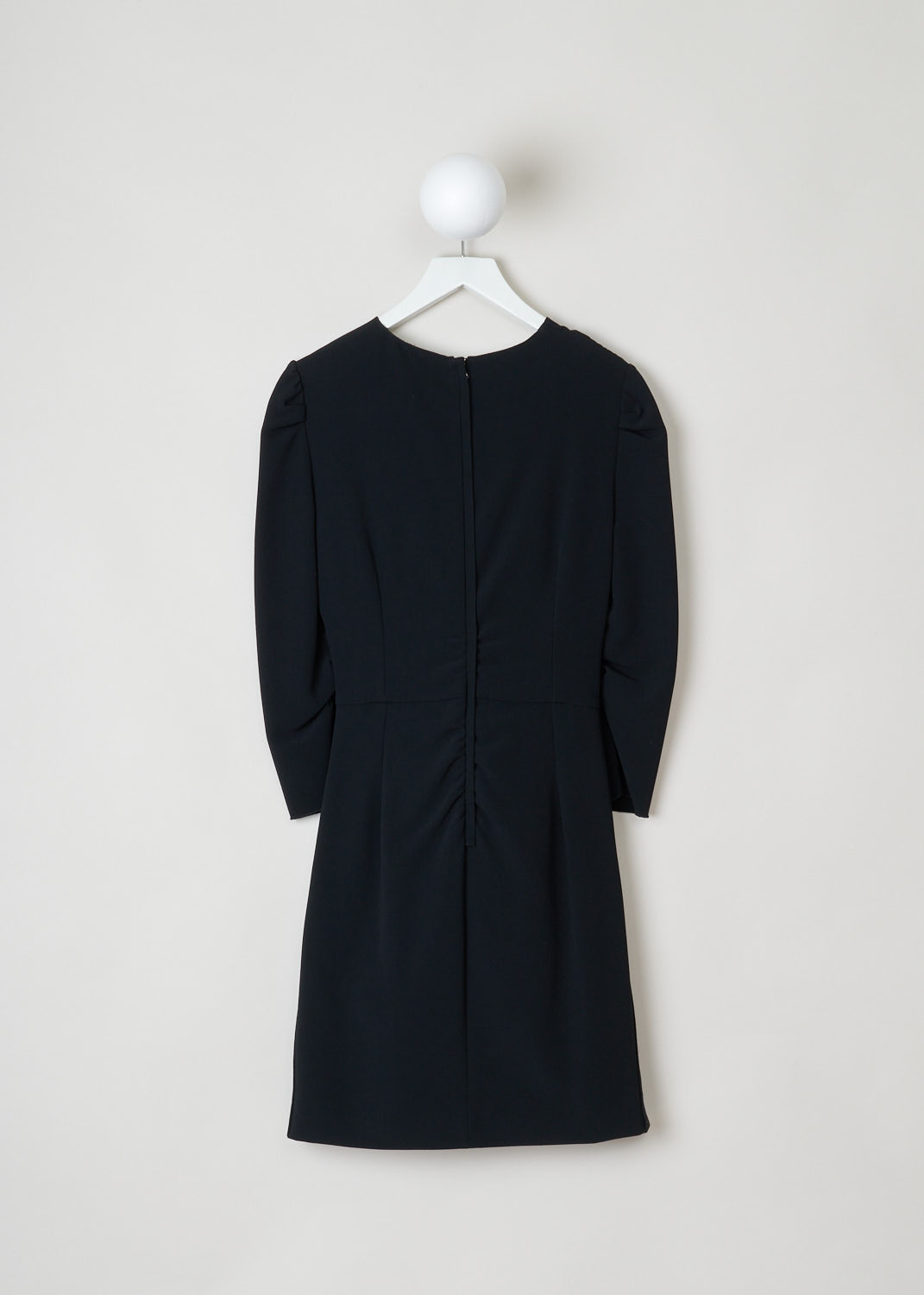 Dolce & Gabbana, Black mid-length dress with draped features, F6BQ0T_FSADD_X0873, black, back, Black draped dress featuring a round neckline, 3/4 sleeve length with a midi dress length. Pleats staring on the shoulder flow down the dress, with similar pleats starting on waist height.  