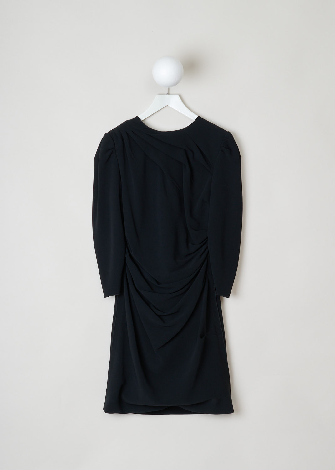 Dolce & Gabbana, Black mid-length dress with draped features, F6BQ0T_FSADD_X0873, black, front, Black draped dress featuring a round neckline, 3/4 sleeve length with a midi dress length. Pleats staring on the shoulder flow down the dress, with similar pleats starting on waist height.  