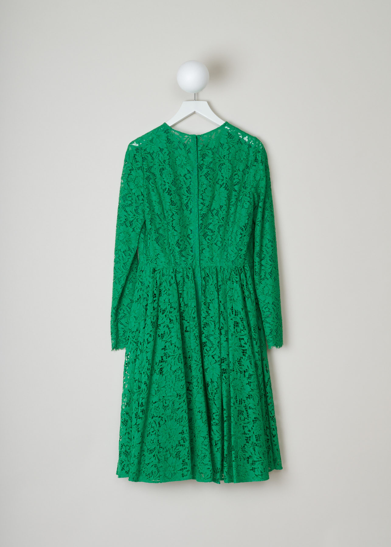 Dolce & Gabbana, Floral laced long sleeve flaired dress,  F6VB6T_FLM9V_V0402, back, An intricately laced dress, with an beautifull floral patern stitched on a green meshing. Long frilled sleeves. Closes with a zip fastening along the back.