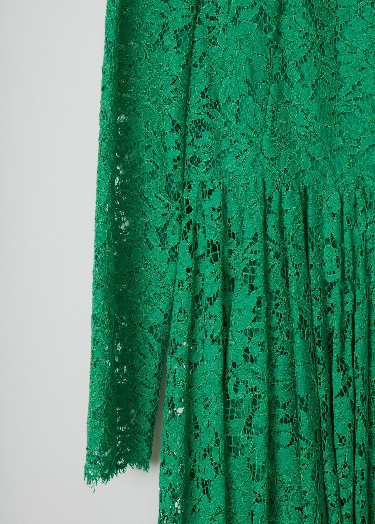 Dolce & Gabbana, Floral laced long sleeve flaired dress,  F6VB6T_FLM9V_V0402, detail1, An intricately laced dress, with an beautifull floral patern stitched on a green meshing. Long frilled sleeves. Closes with a zip fastening along the back.