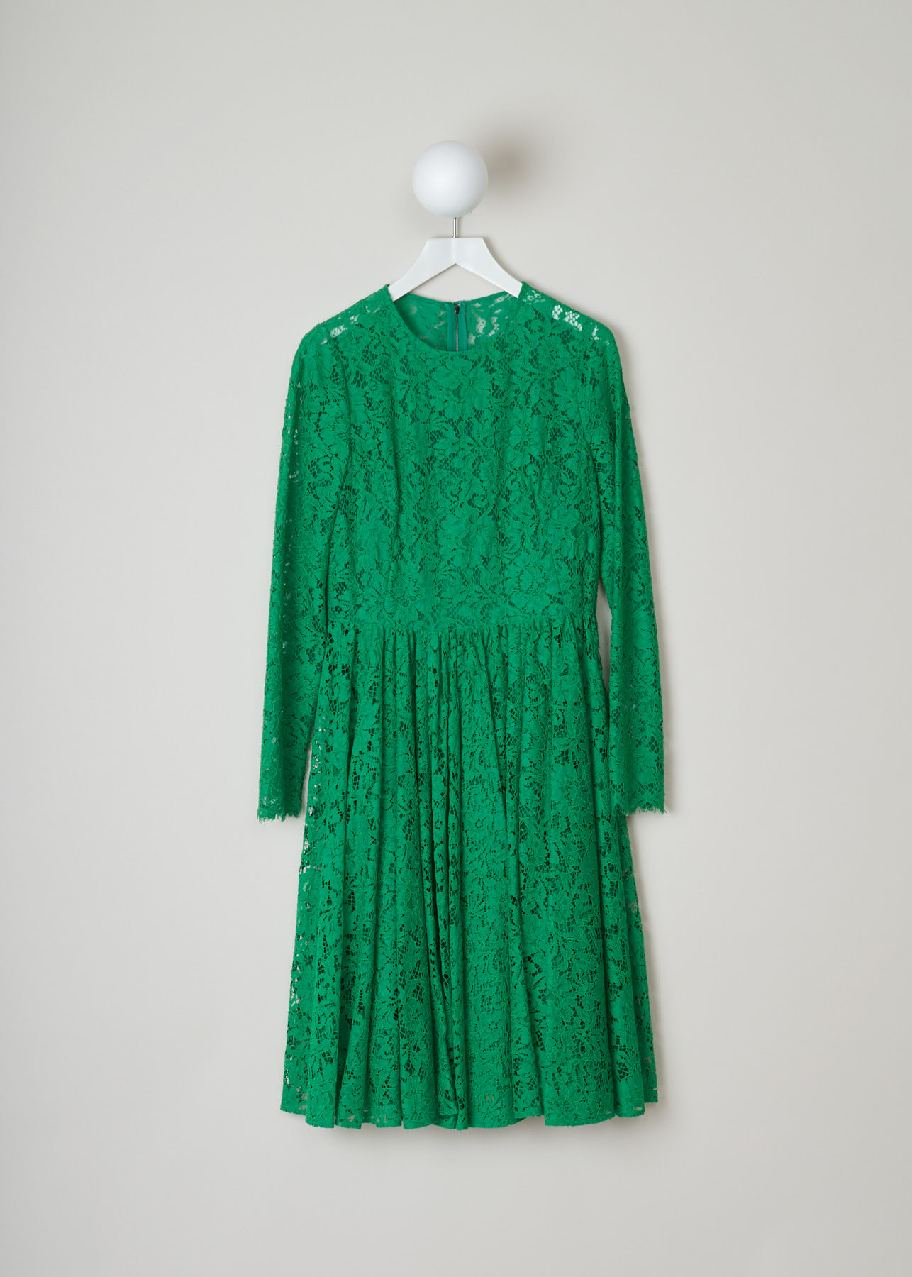 Dolce & Gabbana, Floral laced long sleeve flaired dress,  F6VB6T_FLM9V_V0402, front, An intricately laced dress, with an beautifull floral patern stitched on a green meshing. Long frilled sleeves. Closes with a zip fastening along the back.