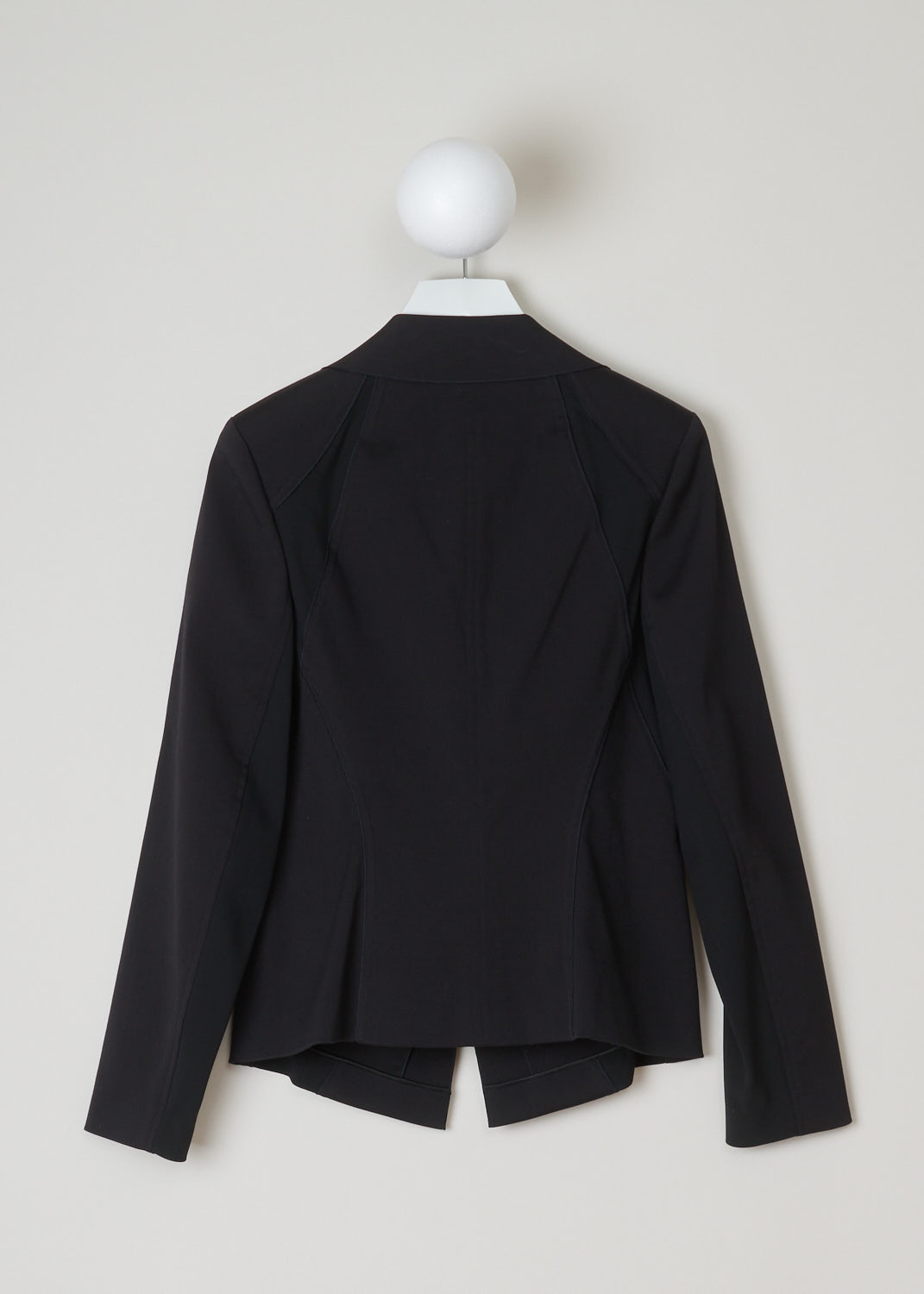 Donna Karan, black double lapel jacket, A42J238073_001_black, black, back, Black jacket comes with a pointed collar and double lapels. Featuring long sleeves and has backing buttons on the front as your closure option. This jacket is made up from two kinds of fabrics a stretchy kind and a regular kind, and placed in a certain way where the jacket stretches where needed. 