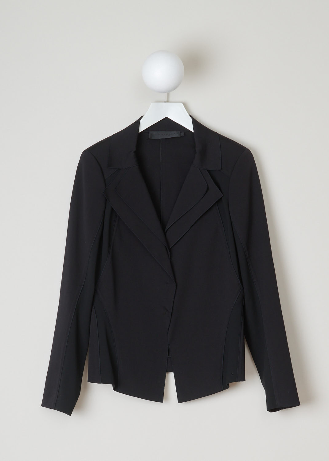 Donna Karan, black double lapel jacket, A42J238073_001_black, black, front, Black jacket comes with a pointed collar and double lapels. Featuring long sleeves and has backing buttons on the front as your closure option. This jacket is made up from two kinds of fabrics a stretchy kind and a regular kind, and placed in a certain way where the jacket stretches where needed. 