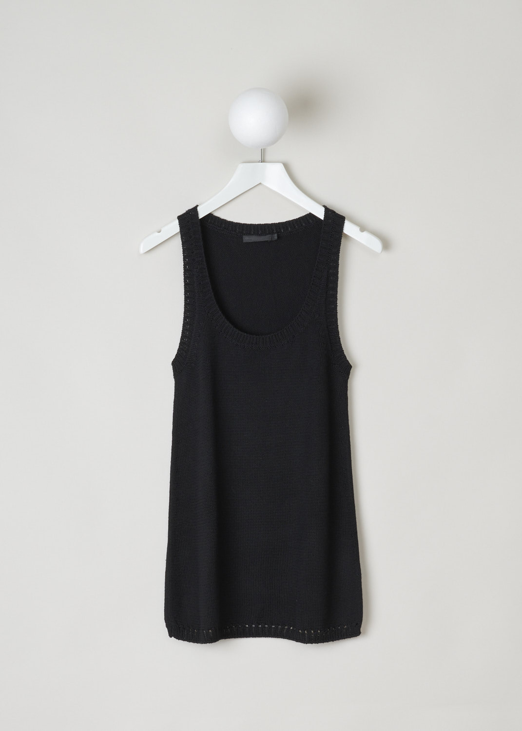 Donna Karan, Black knitted tank top, A14T929Y06_001_black, black, front, Made from a luxurious blended fabric being silk with cashmere. Featuring a scoop neckline with a ribbed edges, the hem is similarly ribbed. Furthermore, this model is slightly asymmetric, where the front is left longer than back.  