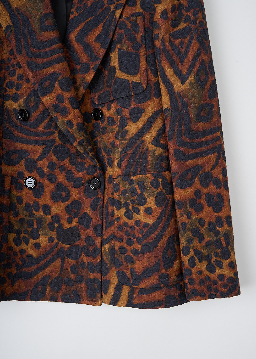 Dries van Noten, Brown animal-print jacket, BEAU_5280_WW_JACKET_703_BROWN, Brown, Print, Detail, This brown animal-print jacket has a peaked lapel and a double-breasted front button closure. The long sleeves have buttoned cuffs. The jacket has a single breast pocket and two patch pockets. The jacket has a straight hemline with a centre vent in the back.
