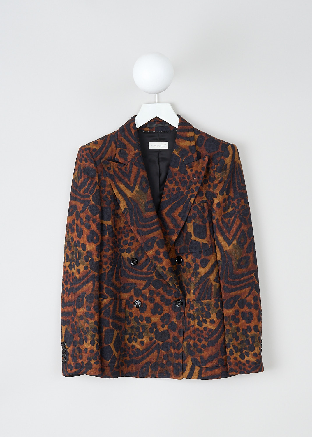 Dries van Noten, Brown animal-print jacket, BEAU_5280_WW_JACKET_703_BROWN, Brown, Print, Front, This brown animal-print jacket has a peaked lapel and a double-breasted front button closure. The long sleeves have buttoned cuffs. The jacket has a single breast pocket and two patch pockets. The jacket has a straight hemline with a centre vent in the back.
