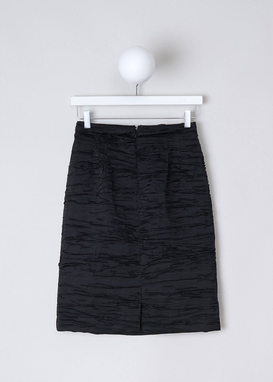 DRIES VAN NOTEN, BLACK RUCHED PENCIL SKIRT, SANTONY_5263_WW_SKIRT_BLA, Black, Back, This mid-length pencil skirt is made in a black ruched fabric. This skirt has a narrow waistband. A concealed centre zip functions as the closure. Also, in the back, a centre slit can be found. The skirt has a straight hemline and is fully lined. 