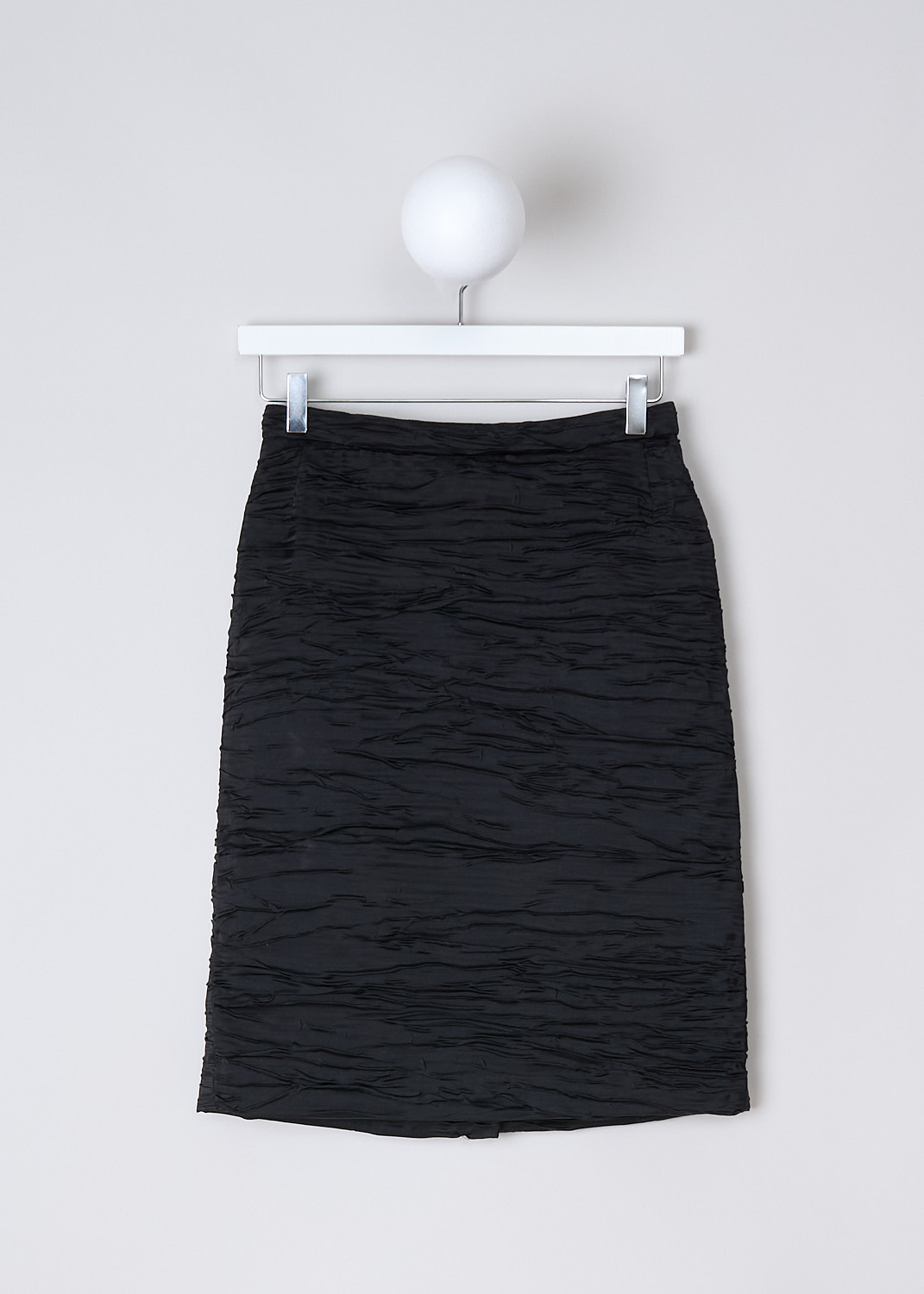 DRIES VAN NOTEN, BLACK RUCHED PENCIL SKIRT, SANTONY_5263_WW_SKIRT_BLA, Black, Front, This mid-length pencil skirt is made in a black ruched fabric. This skirt has a narrow waistband. A concealed centre zip functions as the closure. Also, in the back, a centre slit can be found. The skirt has a straight hemline and is fully lined. 