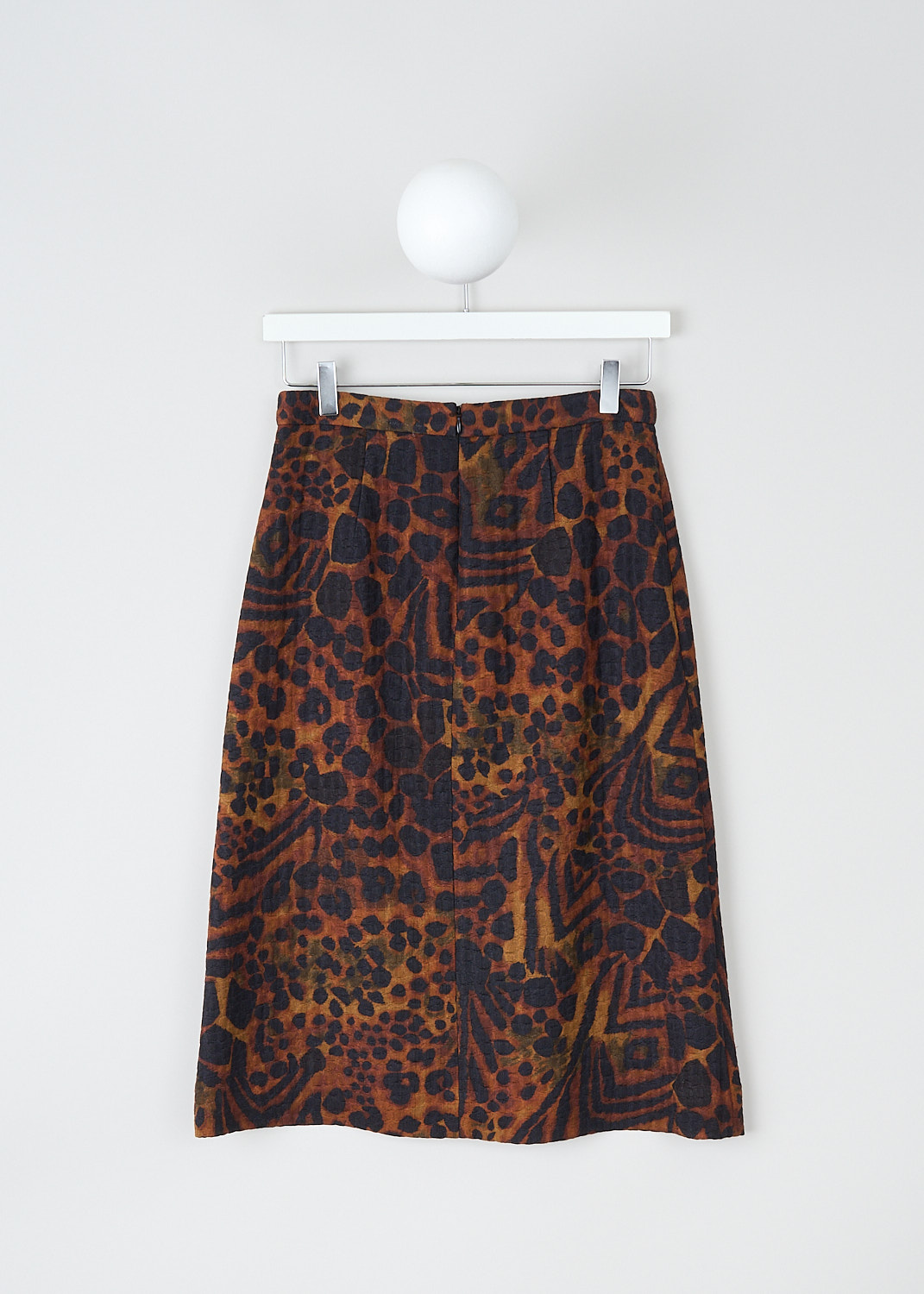 Dries van Noten, Brown animal-print pencil skirt, SHEA_5280_WW_SKIRT_703_BROWN, Brown, Print, Back, This brown animal-print midi pencil skirt has a slight A-line silhouette. The skirt has a straight hemline with a centre slit in the front. In the back, a concealed centre zip functions as the closure. The skirt is fully lined. 
