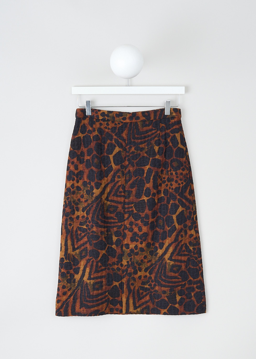 Dries van Noten, Brown animal-print pencil skirt, SHEA_5280_WW_SKIRT_703_BROWN, Brown, Print, Front, This brown animal-print midi pencil skirt has a slight A-line silhouette. The skirt has a straight hemline with a centre slit in the front. In the back, a concealed centre zip functions as the closure. The skirt is fully lined. 
