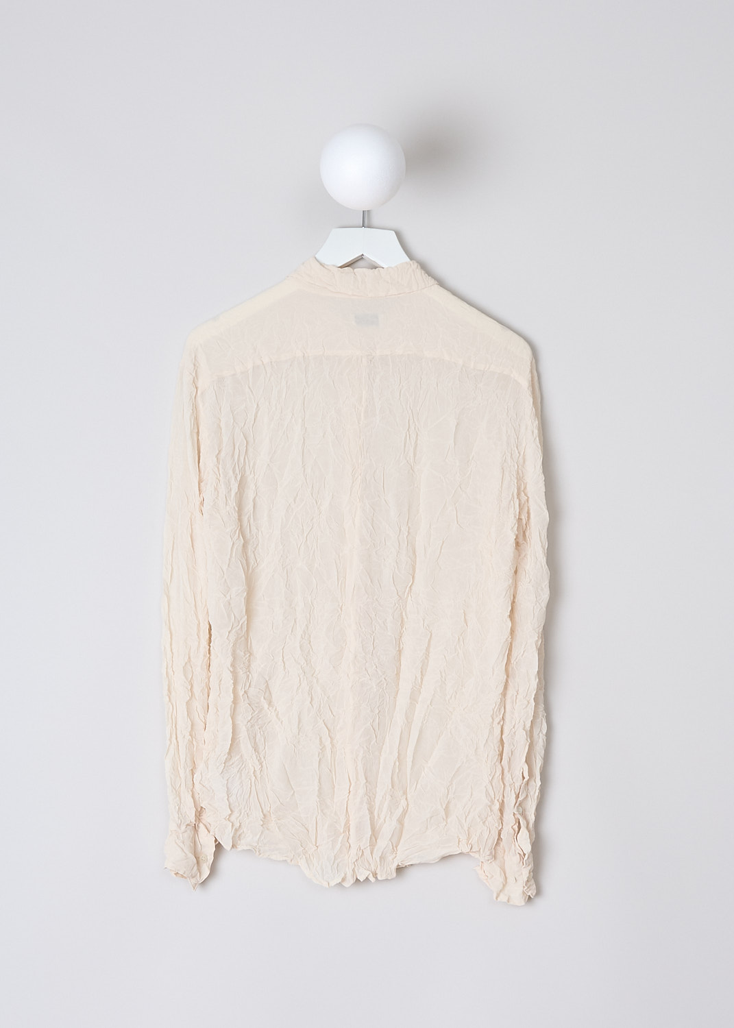 DRIES VAN NOTEN, OFF-WHITE CRUSHED BLOUSE, CRUSHED_6265_WW_SHIRT_OWHI, White, Beige, Back, This crushed off-white blouse has a spread collar and a front button closure. The blouse is slightly see-though. The long sleeves have buttoned cuffs. 
