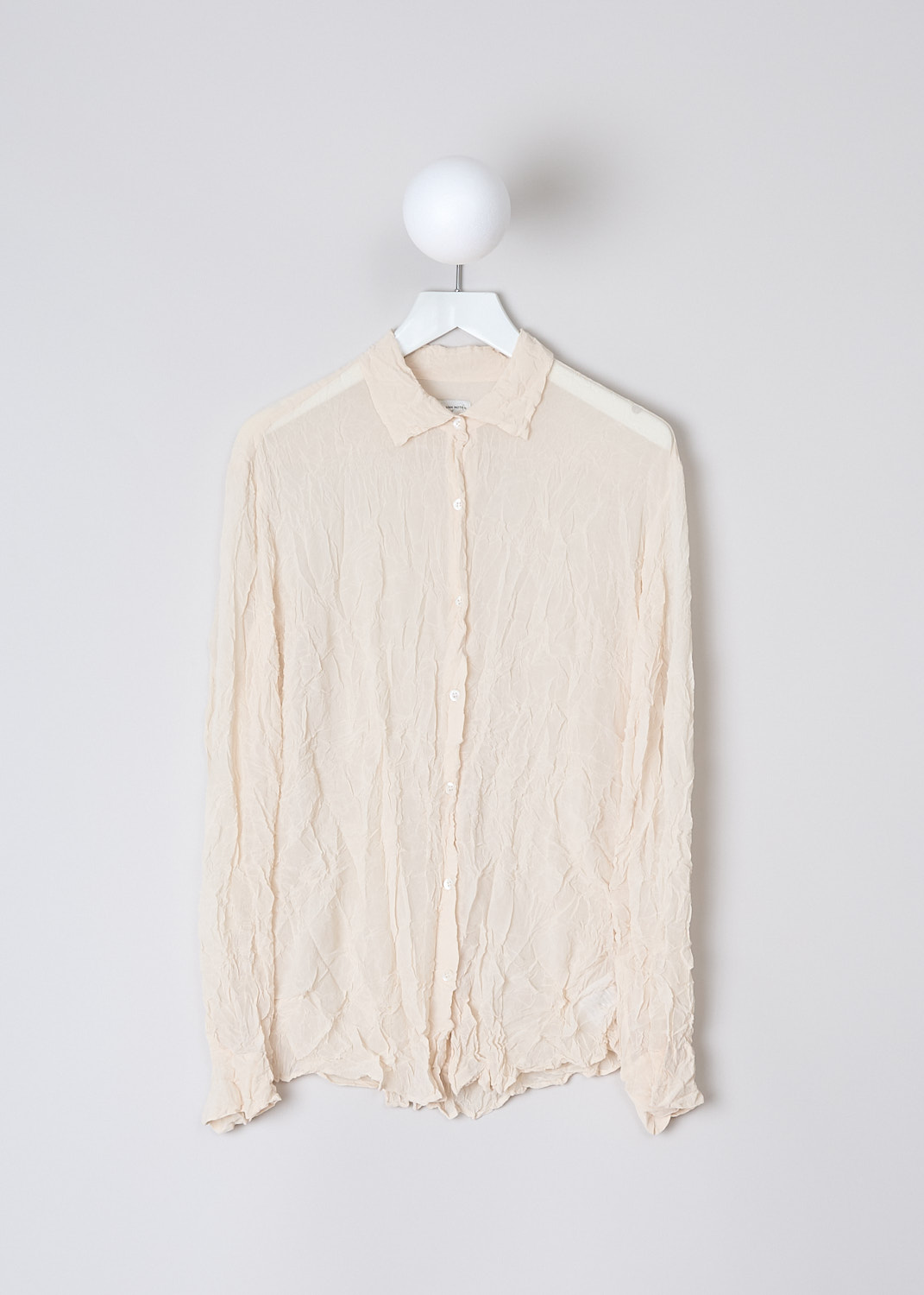 DRIES VAN NOTEN, OFF-WHITE CRUSHED BLOUSE, CRUSHED_6265_WW_SHIRT_OWHI, White, Beige, Front, This crushed off-white blouse has a spread collar and a front button closure. The blouse is slightly see-though. The long sleeves have buttoned cuffs. 
