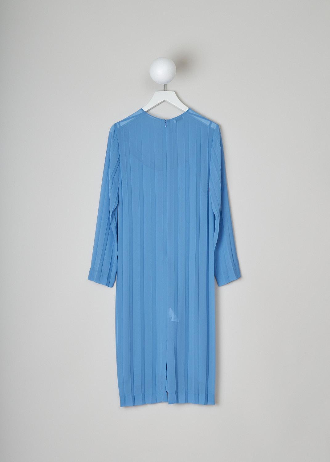 DRIES VAN NOTEN, SKY BLUE PLEATED DELAVITA DRESS, DELAVITA_6265_WW_DRESS_SKY, Blue, Back, This sky blue semi sheer Delavita dress is fully pleated. The dress has a high round neckline an three-quarter sleeves. The straight hemline reaches to below the knee. In the back, a hook-and-eye and concealed zip in the centre function as the closure option. The dress comes with a separate slip dress in the same fabric and color.   
