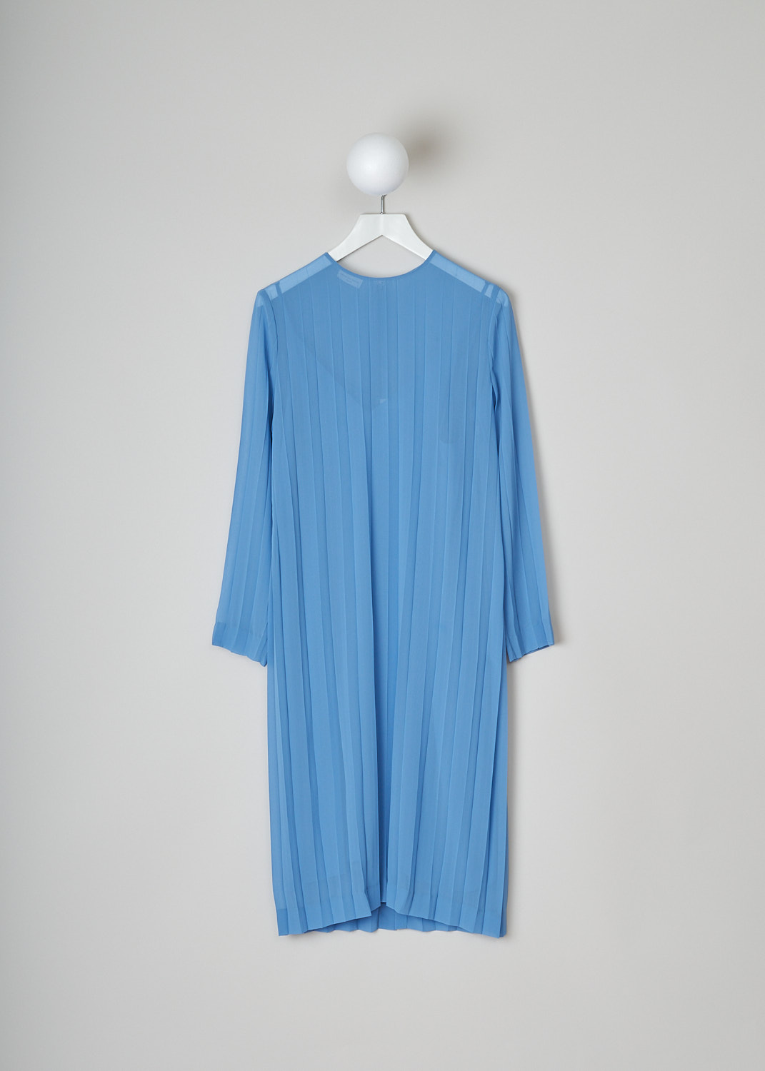 DRIES VAN NOTEN, SKY BLUE PLEATED DELAVITA DRESS, DELAVITA_6265_WW_DRESS_SKY, Blue, Front, This sky blue semi sheer Delavita dress is fully pleated. The dress has a high round neckline an three-quarter sleeves. The straight hemline reaches to below the knee. In the back, a hook-and-eye and concealed zip in the centre function as the closure option. The dress comes with a separate slip dress in the same fabric and color.   
