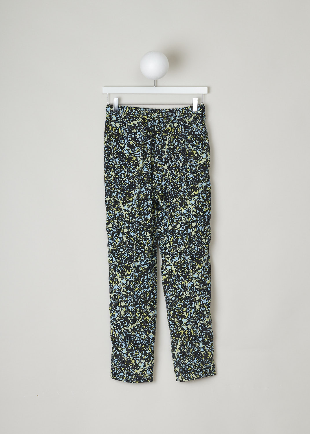 DRIES VAN NOTEN, PANTS WITH GREEN AND BLUE ABSTRACT PRINT, PALMIRA_6175_WW_PANTS_BLUE, Black, Green, Blue, Back, These pants have a black base with a green and blue abstract print. These slip-on pants have an elasticated waistband with a drawstring on the inside. This model has slanted pockets. The tapered legs have a centre crease front and back.
