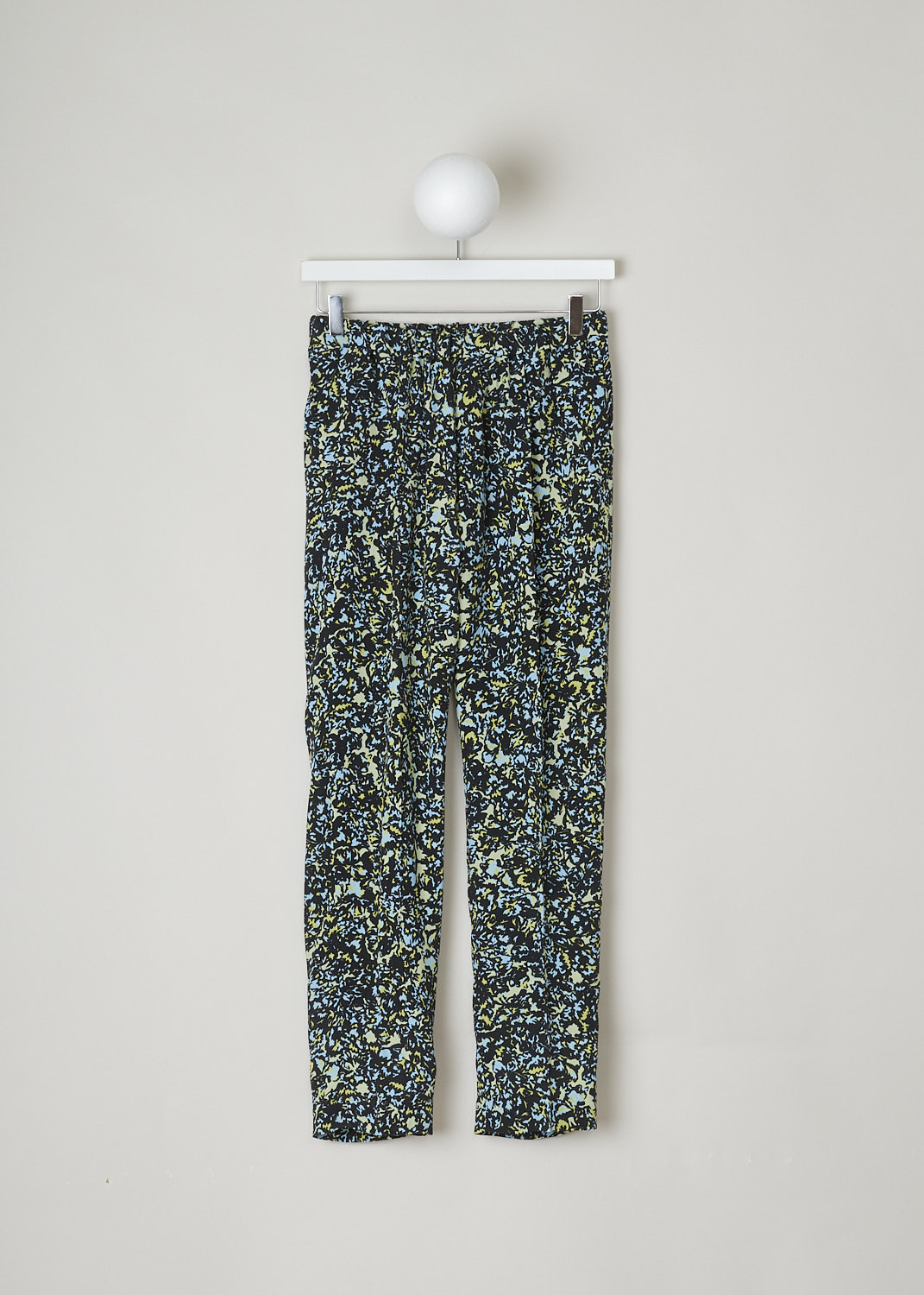 DRIES VAN NOTEN, PANTS WITH GREEN AND BLUE ABSTRACT PRINT, PALMIRA_6175_WW_PANTS_BLUE, Black, Green, Blue, Front, These pants have a black base with a green and blue abstract print. These slip-on pants have an elasticated waistband with a drawstring on the inside. This model has slanted pockets. The tapered legs have a centre crease front and back.
