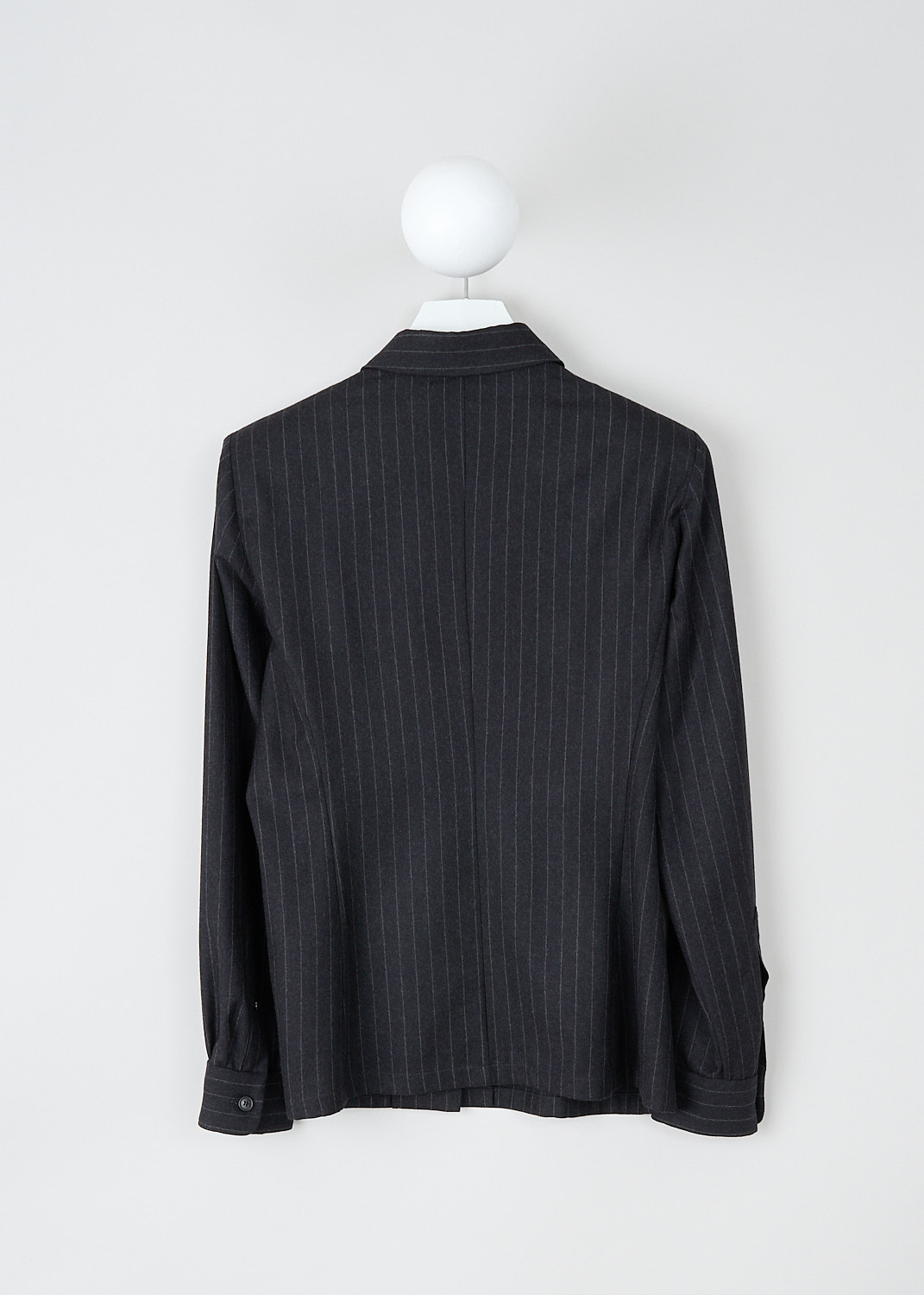 Dries van Noten, Anthracite pinstripe wool blouse, CARSIE_7180_WW_SHIRT_901_ANTHRACITE, Grey, Print, Back, This anthracite pinstripe wool blouse has a classic collar and a front button closure. The blouse has shoulder pads and the long sleeves have buttoned cuffs. The blouse has a straight hemline. 
