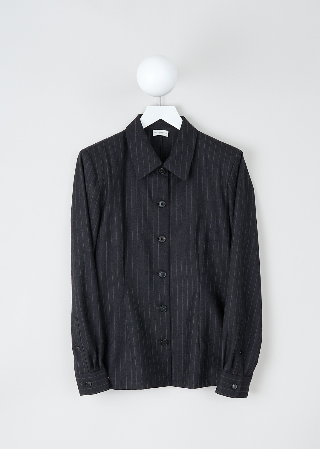 Dries van Noten, Anthracite pinstripe wool blouse, CARSIE_7180_WW_SHIRT_901_ANTHRACITE, Grey, Print, Front, This anthracite pinstripe wool blouse has a classic collar and a front button closure. The blouse has shoulder pads and the long sleeves have buttoned cuffs. The blouse has a straight hemline. 
