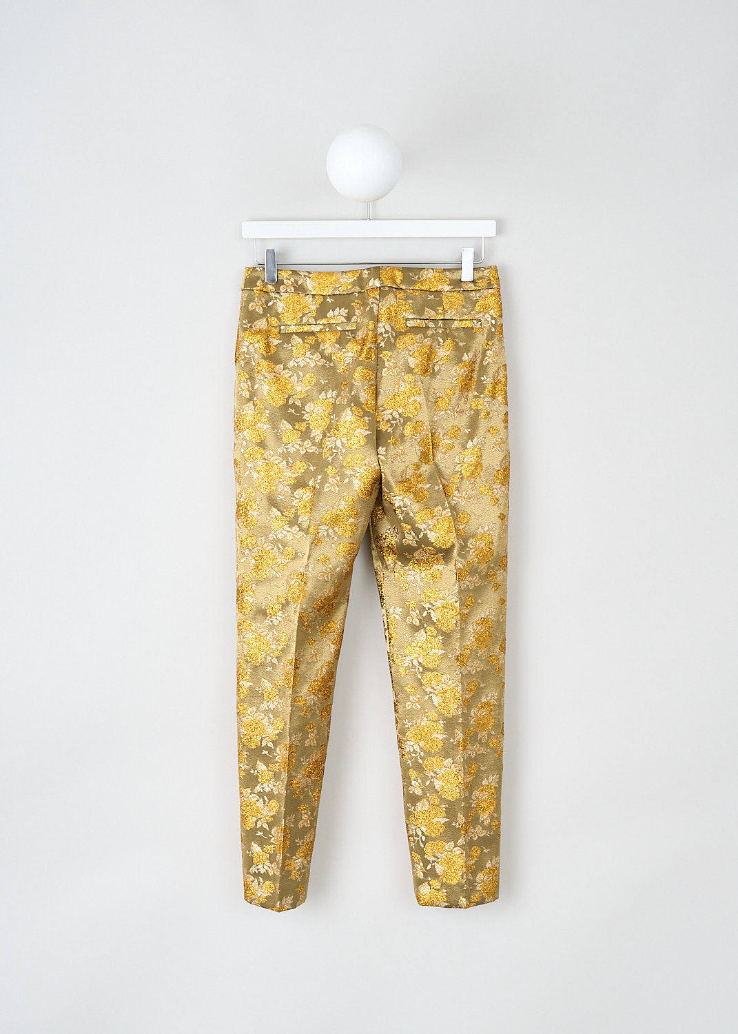 Dries van Noten, Gold floral jacquard pants, POUMAS_7386_WW_PANTS_954_GOLD, Gold, Print, Back, These fitted gold pants have a floral jacquard print throughout. These pants have a concealed clasp and zip closure, slanted pockets in the front and welt pockets in the back. The tapered pant legs have pressed creases and a straight hemline. These pants are fully lined.
