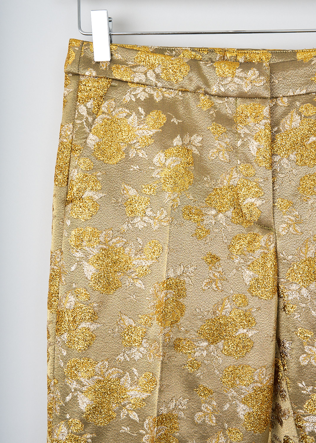 Dries van Noten, Gold floral jacquard pants, POUMAS_7386_WW_PANTS_954_GOLD, Gold, Print, Detail, These fitted gold pants have a floral jacquard print throughout. These pants have a concealed clasp and zip closure, slanted pockets in the front and welt pockets in the back. The tapered pant legs have pressed creases and a straight hemline. These pants are fully lined.
