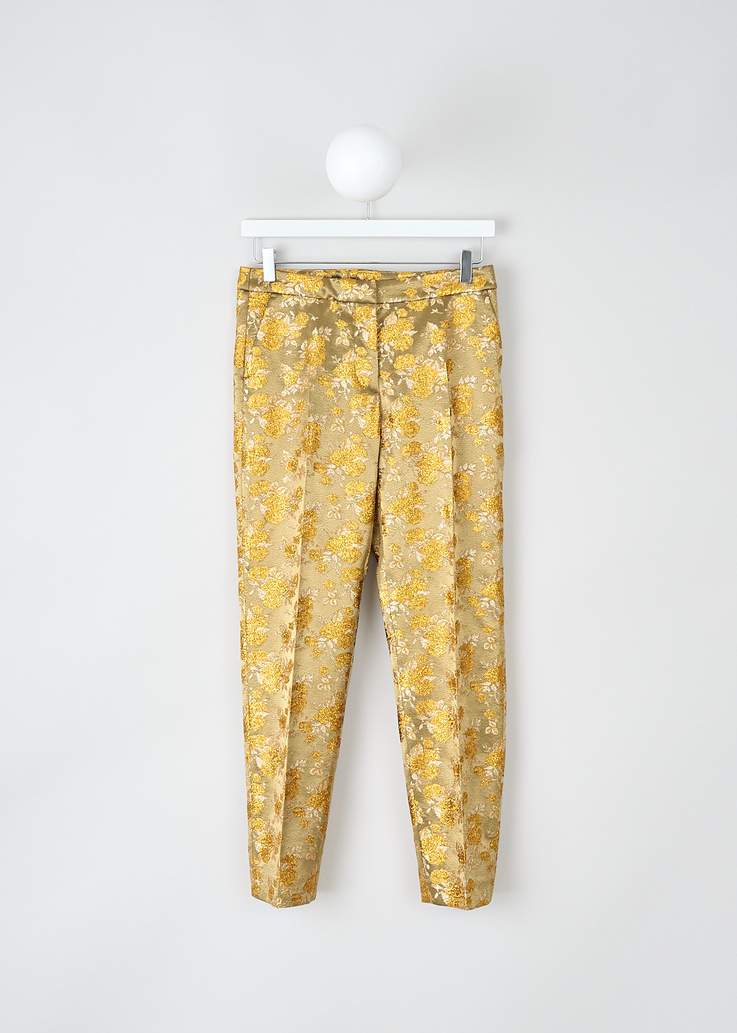 Dries van Noten, Gold floral jacquard pants, POUMAS_7386_WW_PANTS_954_GOLD, Gold, Print, Front, These fitted gold pants have a floral jacquard print throughout. These pants have a concealed clasp and zip closure, slanted pockets in the front and welt pockets in the back. The tapered pant legs have pressed creases and a straight hemline. These pants are fully lined.
