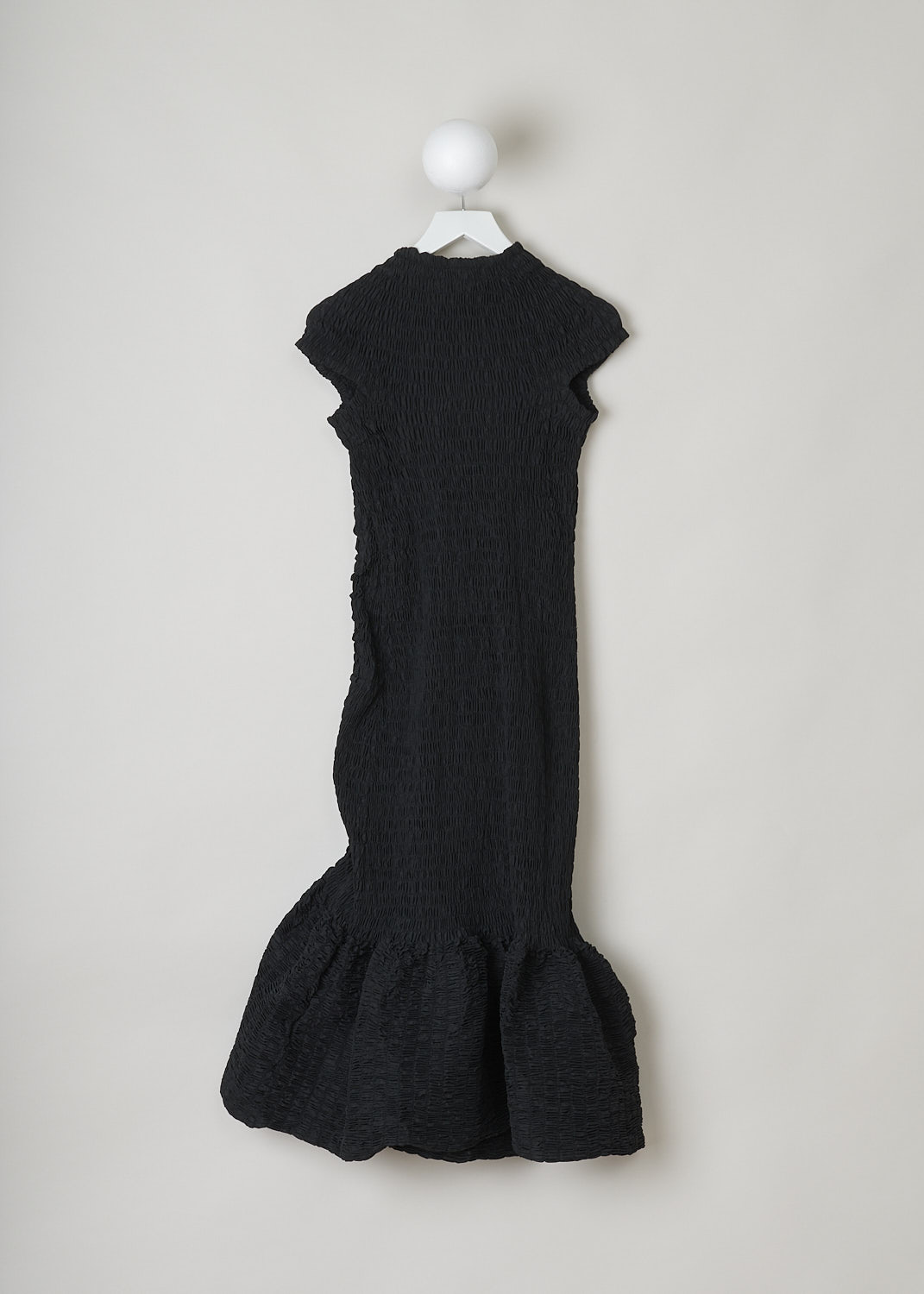 DRIES VAN NOTEN, BLACK SHIRRED MERMAID DRESS, DORY_4351_WW_DRESS_BLA, Black, Back, This black mermaid dress is made out of a black shirred fabric. The dress has a high neckline and cap sleeves. To one side, the dress has a panel that is shirred in a different direction. The dress has a fit-and-flare silhouette with a midi length. This slip-on dress is fully elasticated. 
