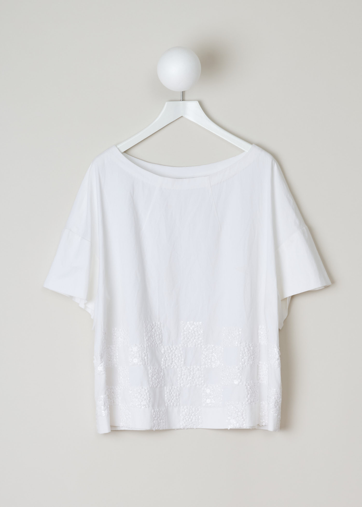 Dries Van Noten, White sequins top, COBALA_EMB_7327_WW_SHIRT_WHI, white, front, This wide crew neck top is made with sequins on the lower half of the top. The sleeves are also made wide to match the neck line. 