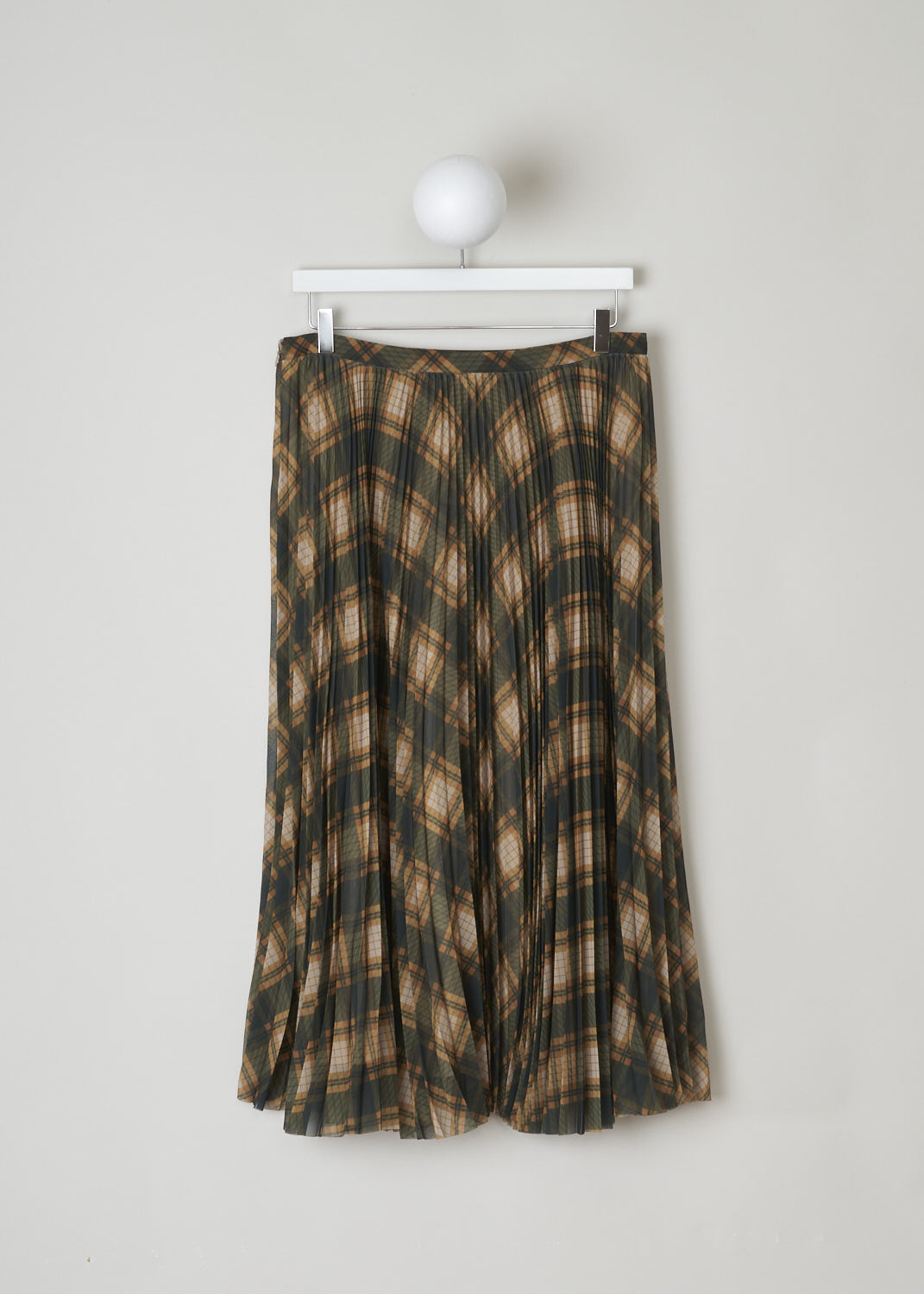 DRIES VAN NOTEN, GREEN AND ORANGE CHECKED PLEATED SKIRT, SAX_1228_WW_SKIRT_DESC, Print, Green, Back, This accordion pleated maxi skirt is made with an argyle pattern in green and orange tones. The skirt has a narrow waistband and a concealed side zipper. The skirt is fully lined