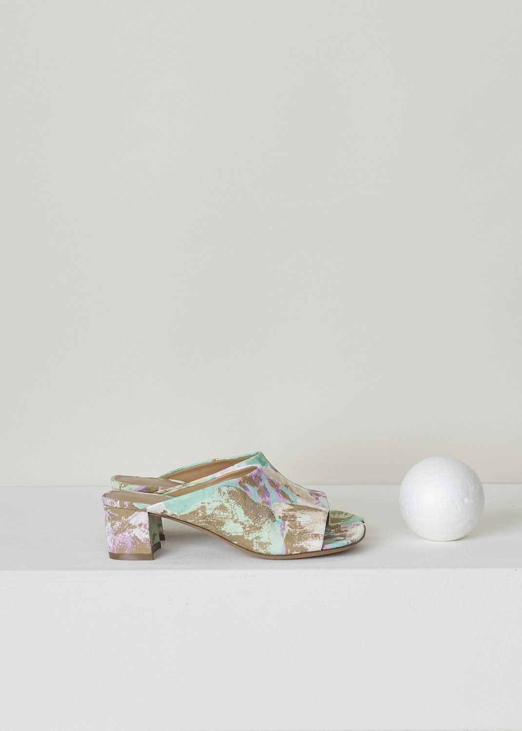 DRIES VAN NOTEN, MULTICOLOR MULES WITH BLOCK HEEL, WS231_285_QU704_DES_A975, Print, Green, Purple, Side, These heeled slip-on mules have a multicolored print with green, pink and beige hues. These mules have a square open-toe front and a block heel. 

