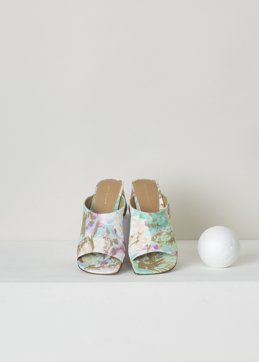 DRIES VAN NOTEN, MULTICOLOR MULES WITH BLOCK HEEL, WS231_285_QU704_DES_A975, Print, Green, Purple, Top, These heeled slip-on mules have a multicolored print with green, pink and beige hues. These mules have a square open-toe front and a block heel. 

