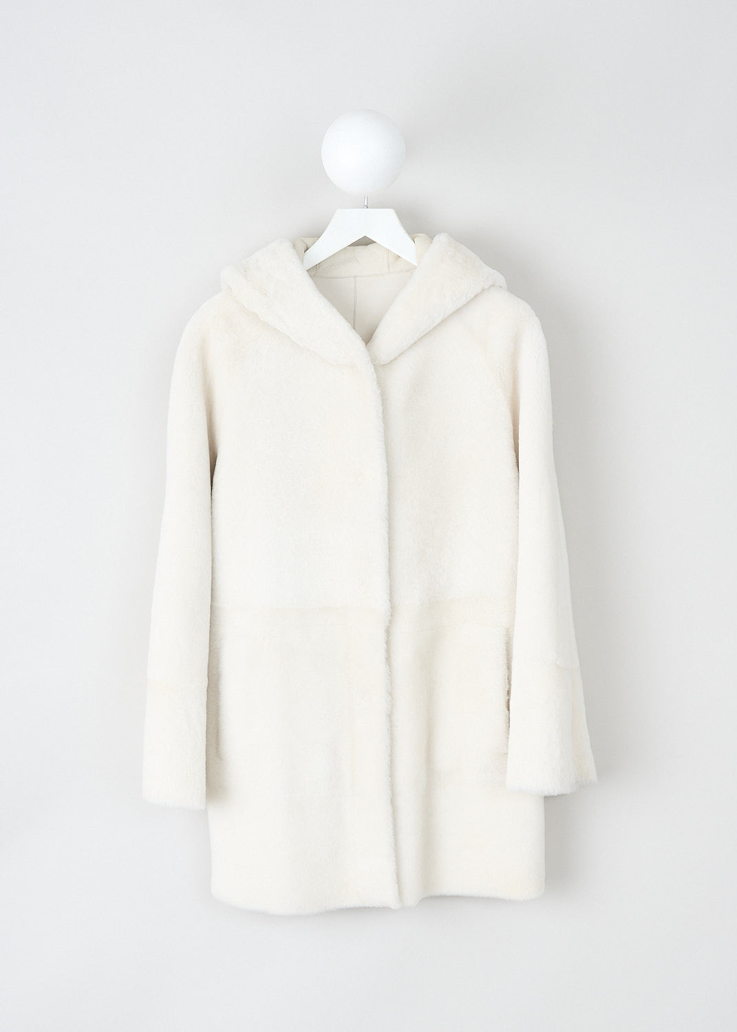 Drome, Polar white shearling coat, DPD5100FP_D109P_A149_POLAR_WHITE, White, Front, This reversible hooded Polar White shearling coat has a concealed press stud closure. The long sleeves have a straight hem. The coat has slanted pockets. The coat has a straight hemline. The coat is reversible, with soft white shearling on one side and smooth white leather on the other side. 
