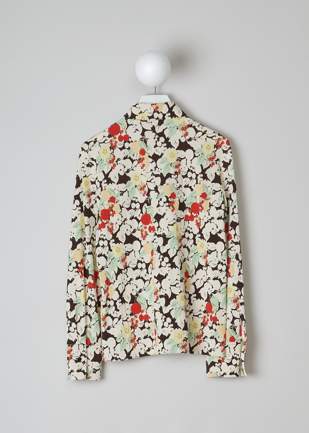 JIL SANDER, MULTICOLOR FRUIT PRINT BLOUSE, J01DL0009_J65010_972, Print, Red, Green, Back, This blouse has a multicolor fruit print. The blouse has a spread collar and a front button closure. The long sleeves have buttoned cuffs. The blouse has a straight hemline.
