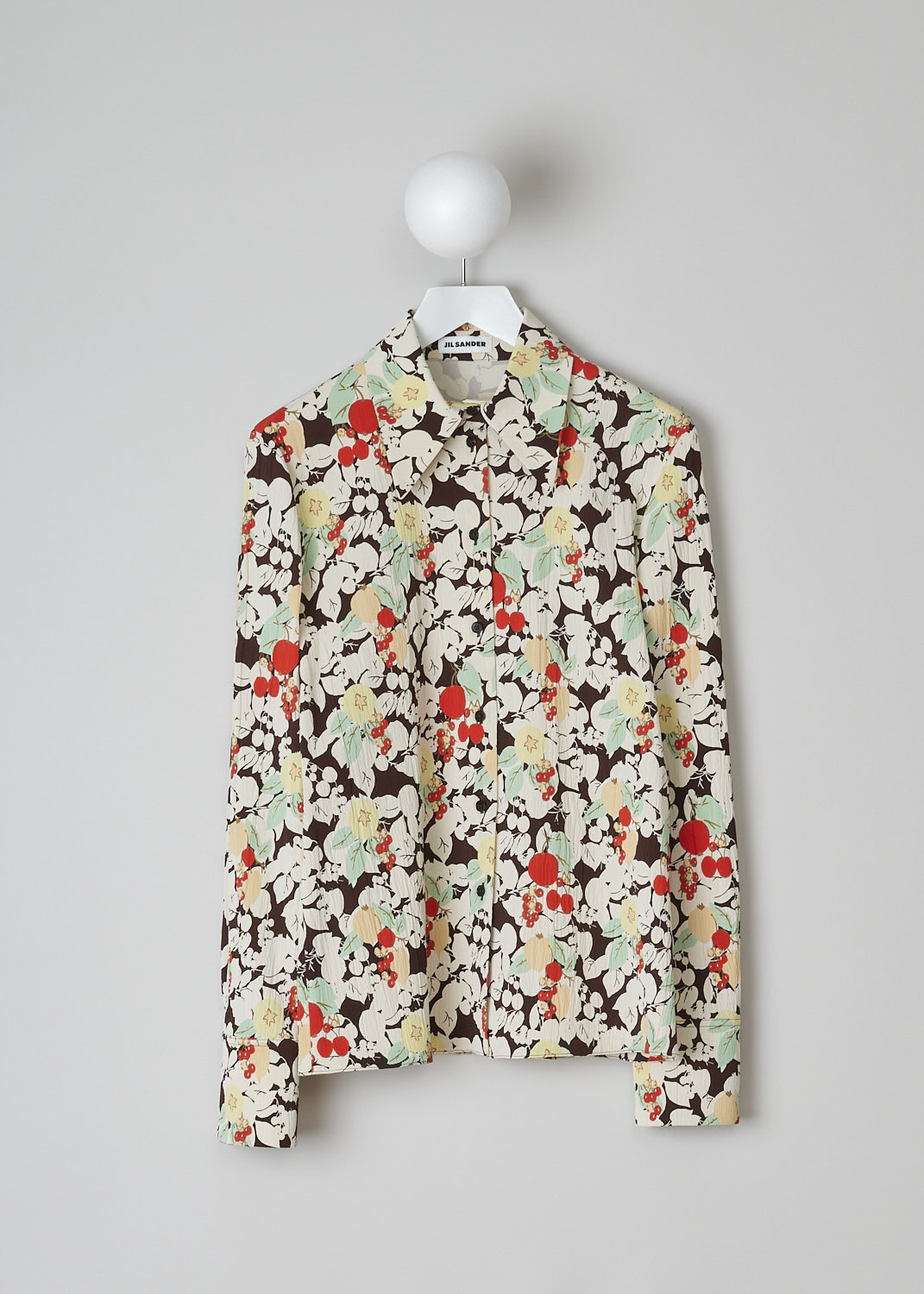 JIL SANDER, MULTICOLOR FRUIT PRINT BLOUSE, J01DL0009_J65010_972, Print, Red, Green, Front, This blouse has a multicolor fruit print. The blouse has a spread collar and a front button closure. The long sleeves have buttoned cuffs. The blouse has a straight hemline.
