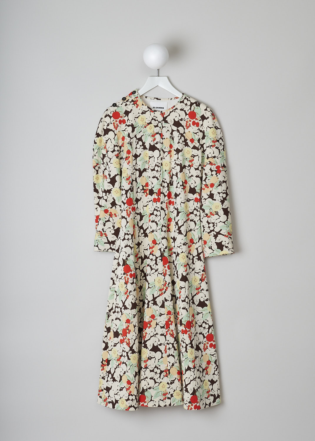 JIL SANDER, MULTICOLOR FRUIT PRINT MIDI DRESS, J01CT0010_J65010_972, Print, Red, Green, Front, This midi dress has a multicolor fruit print. The bodice has a round neckline, three functioning buttons on the right shoulders and long sleeves. A concealed side zip functions as the closure option. The skirt flares out and has a single slanted pocket concealed in the seam.
