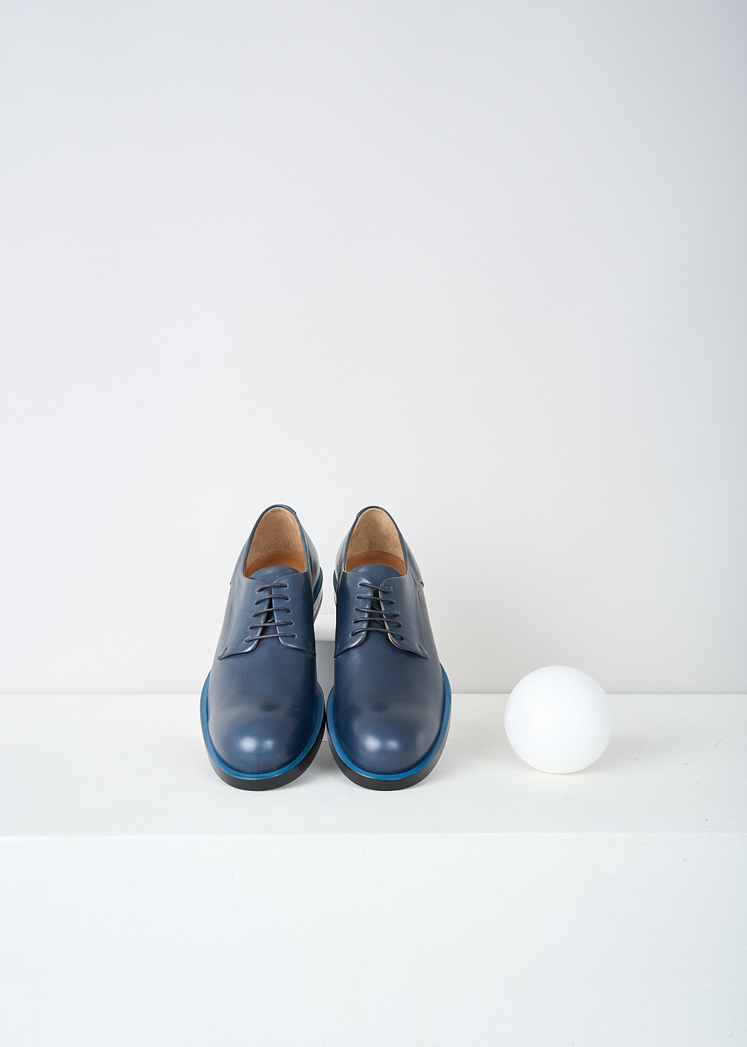 Jil Sander, Petrol blue derby shoes, JS22052_746_NOTTE_BLUE, Blue, Top, These petrol blue leather derby shoes have a classic lace-up closing. The top peeking out of the otherwise black soles creates a  light blue trim along the shoes. 
