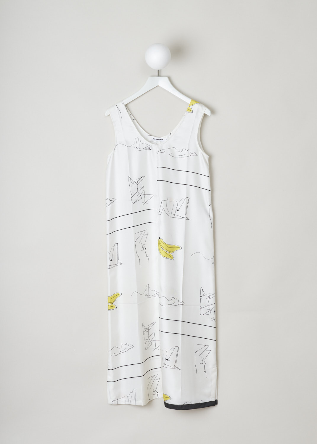 Jill Sander, Off-white maxi shift dress, JSW0508956_W0281266B_127, white, front, Off-white dress featuring a maxi length and comes decorated with multiple abstract drawings. Designed with a round neckline and no sleeves. Small splits can be found on the side seam, and strip of black fabric trims the hem. 