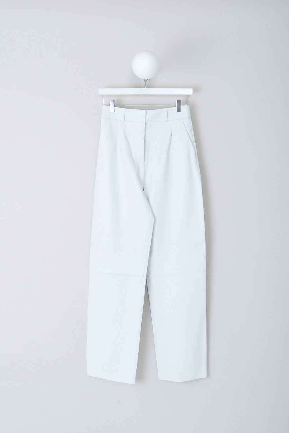 KASSL, WHITE LEATHER PANTS, R01230000W_RTW_TROUSERS_SOFT_LEATHER_WHITE, White, Front, These high-waisted white leather pants have a waistband with belt loops and a concealed clasp and zip closure. In the front, these pants have slanted front pockets. The straight pant legs have a decorative seam at knee-hight and a straight hemline. In the back, the pants have welt pockets.   
