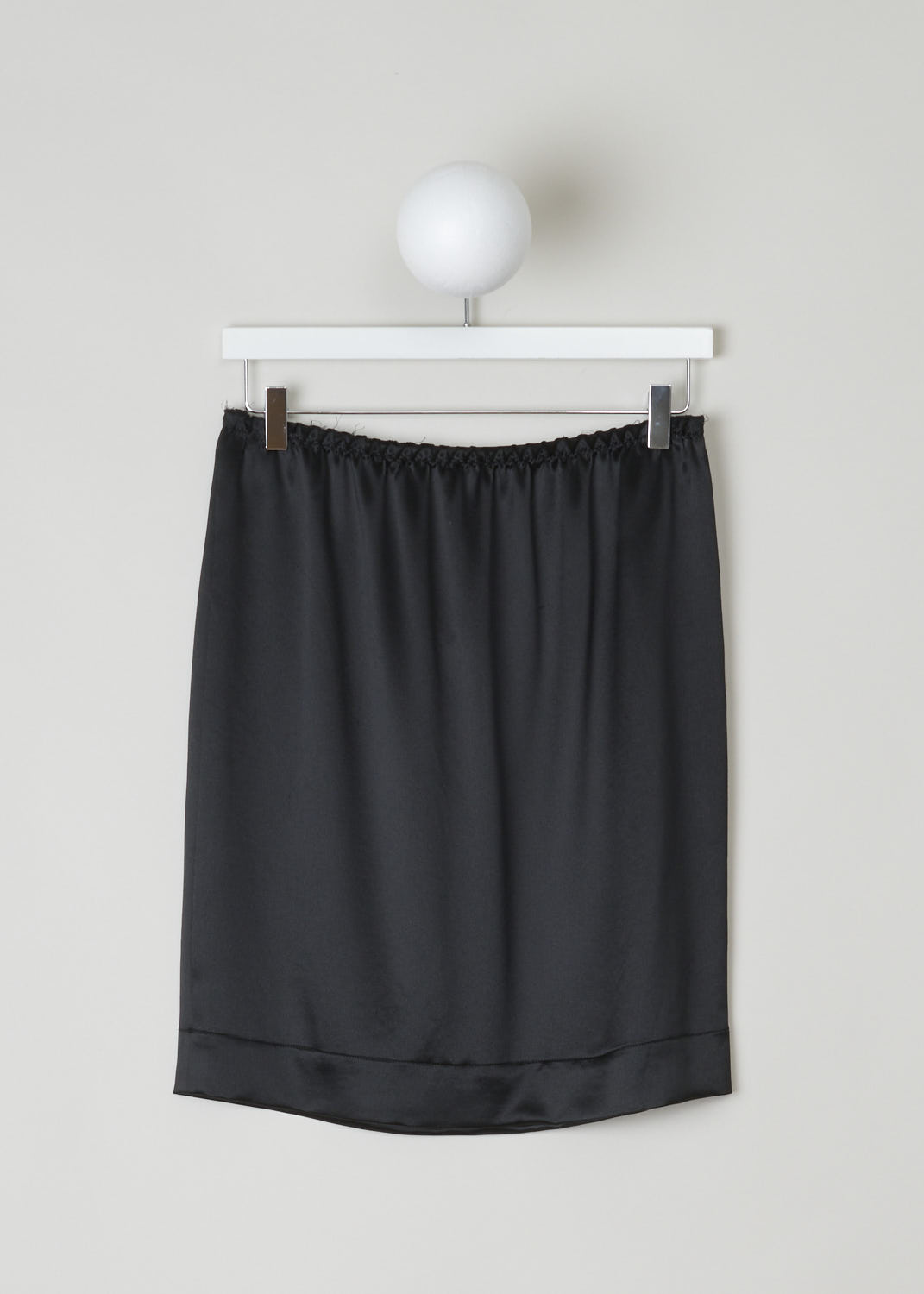 LANVIN, BLACK SILK MINI SKIRT, W040110626P3A, Black, Front, This silky smooth black mini skirt features an elasticated waistband with gathered silk ruffles, a bronze-toned side zipper and a broad hemline. 
