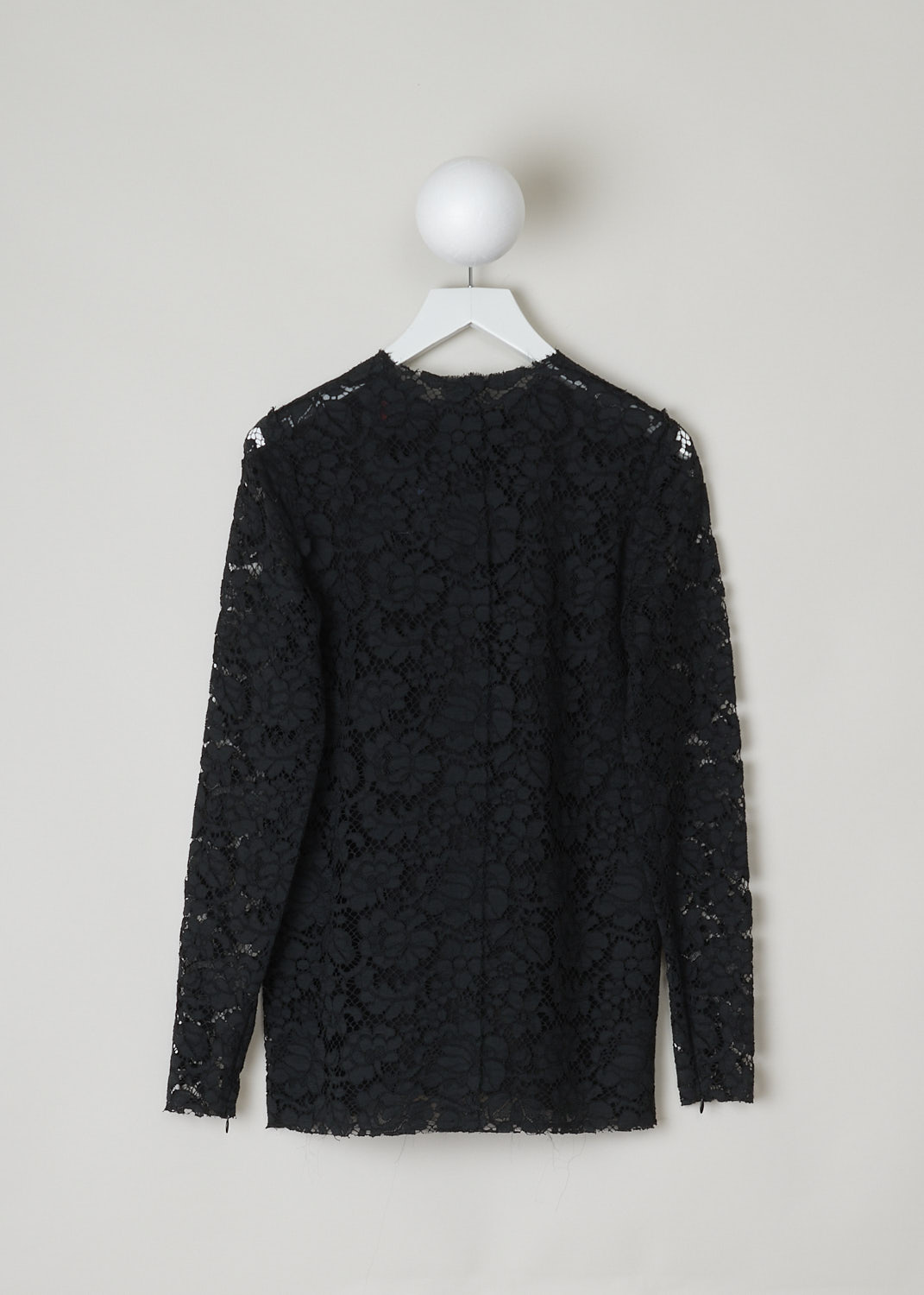 LANVIN, BLACK LACE TOP, W060771468C5B_NOIR, Black, Back, This black lace top with black silk lining has a round neckline with a raw finish. In the back of the neck, a concealed snap button functions as the closure option.  The long sleeves have zipped cuffs. The straight hemline also has a raw finish.
