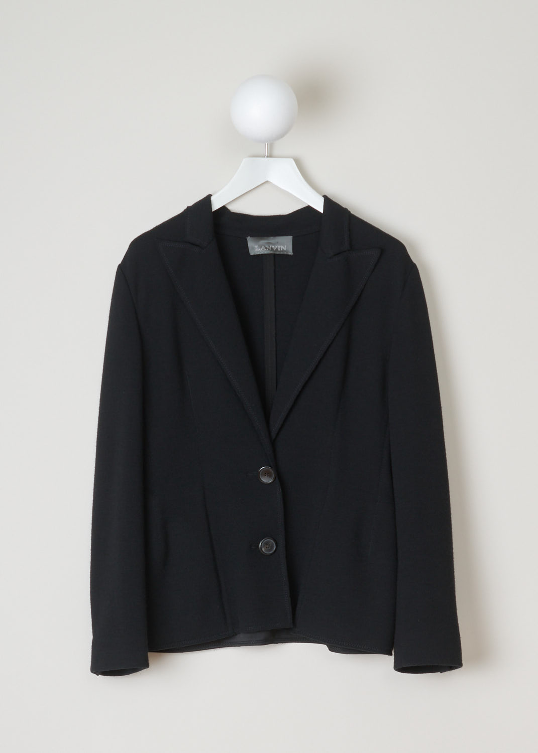 Lanvin, black peak lapel jacket, W07280034P0B_noir_10, black, front, black long sleeve blazer, designed with peak lapels and four buttons on the cuffs. The pockets on this model similar to slip in pockets but with a zipper. 