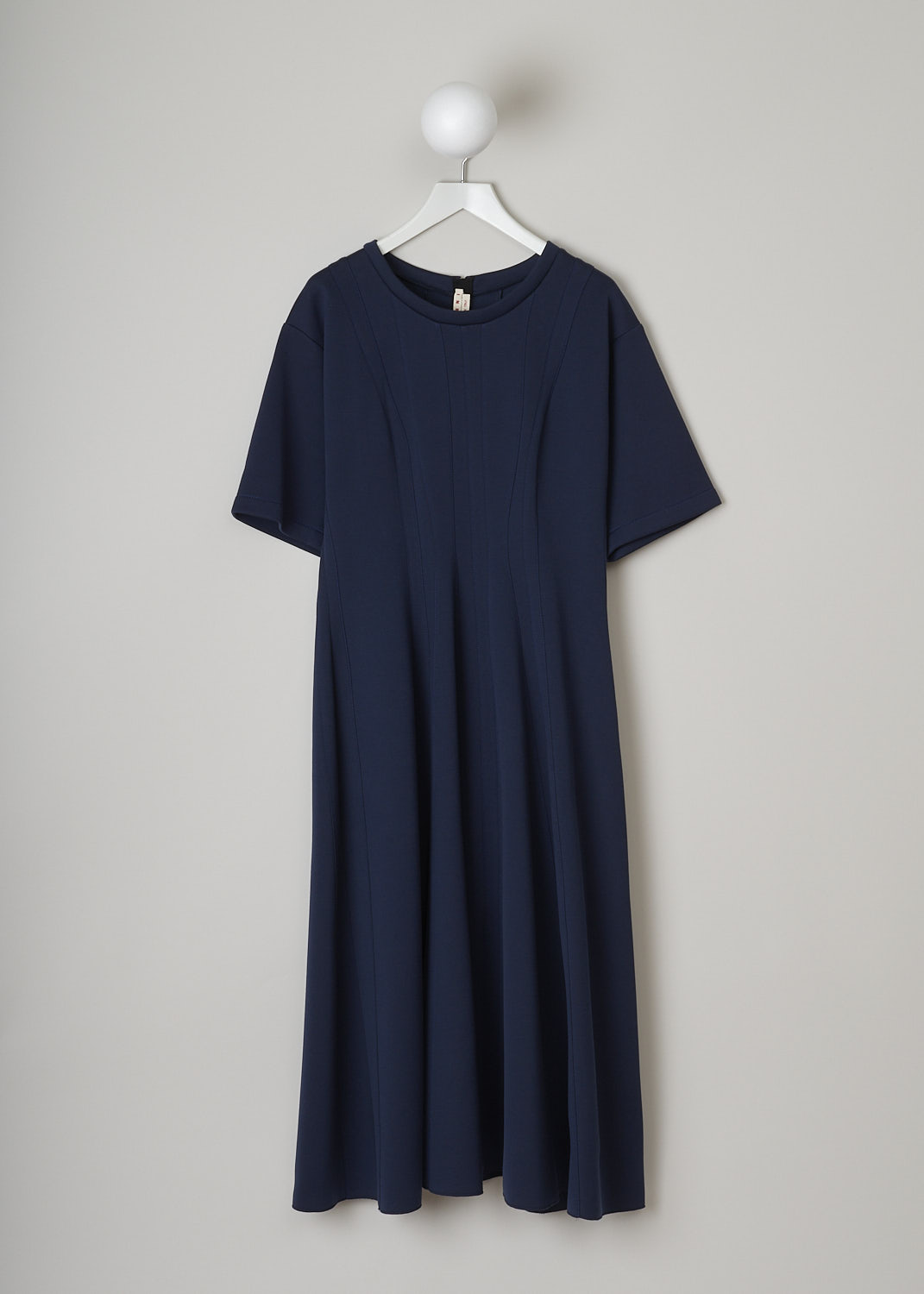 MARNI, NAVY BLUE JERSEY MAXI DRESS, ABJE0877A0_TCY52_00B80, Blue, Front, This navy blue jersey maxi dress has a crewneck and short sleeves. This fit-and-flare dress has exposed darts that run vertically along the length of the dress. In the back, a concealed centre zip functions as the closure option.  
