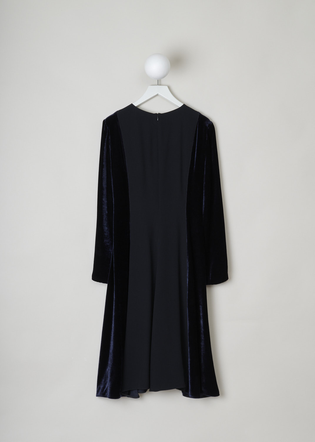 Marni, Max length black velvet tent dress, ABMA0602QU_TA107_00N99, black, back, Lovely black tent dress consisting of two materials, a black velvety material and a smooth stretchy material in the middle. Comes with a round neckline and long sleeves. The concealed zipper can be found on the back.  