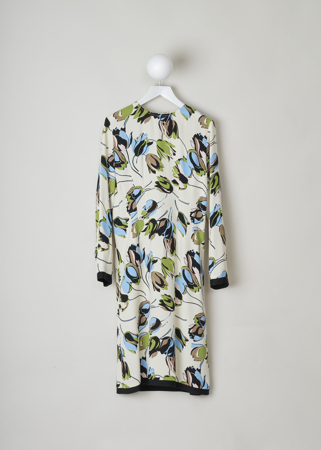 MARNI, CREAM COLORED MIDI DRESS WITH BIG FLORAL PRINT, 
ABMAT93Q00_UTV844_WIW03, Print, Beige, Front, This cream colored midi dress has a floral print in blues and greens. The dress has a round neckline. The closure function on the dress is a concealed centre zip inn the back. Also in the back, a centre slit can be found. The dress has a black satin hemline. 