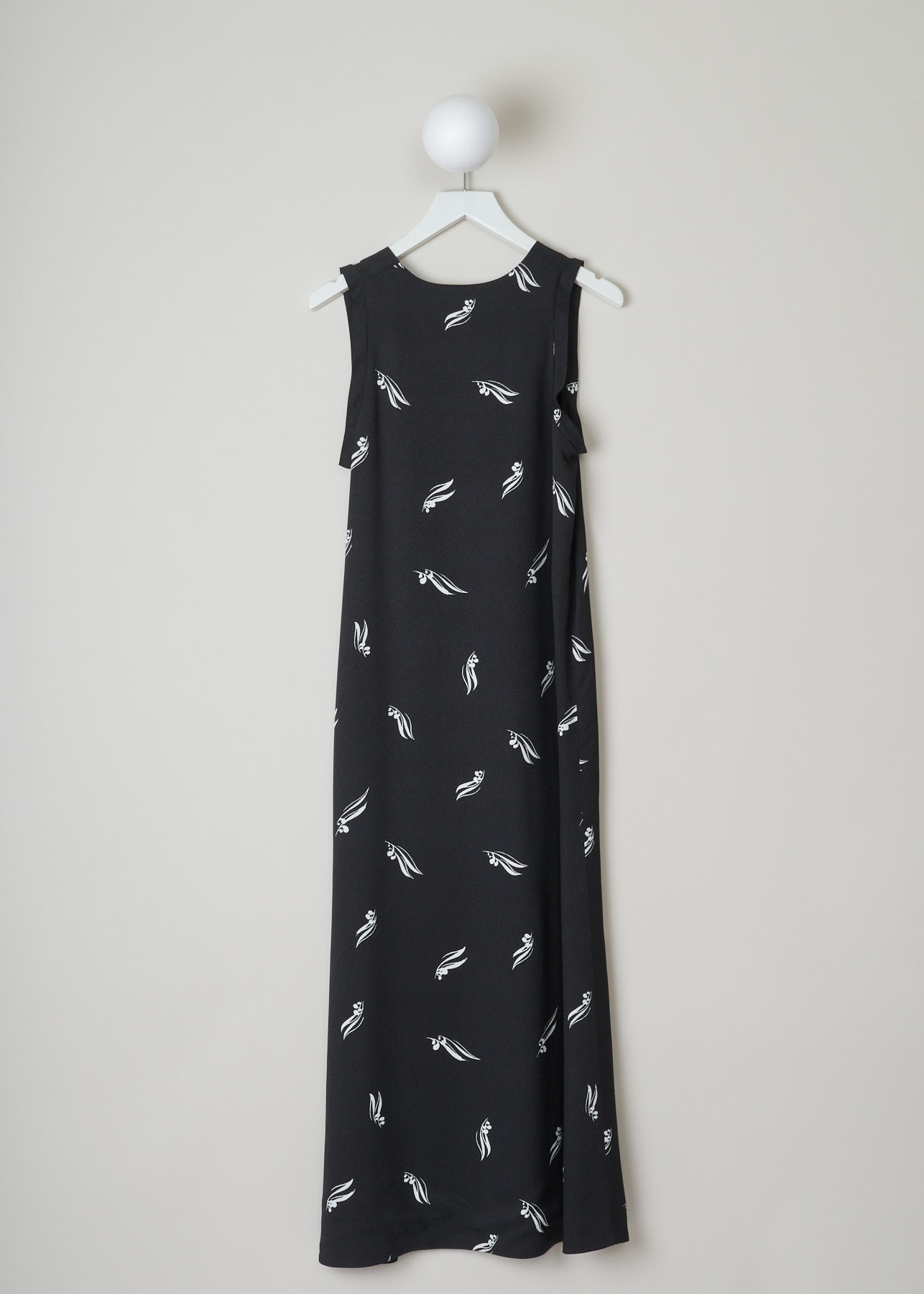 Marni, long black sleeveless dress, ABMAT87JUY_TV478_OPN99_Black, black, back, Maxi black sleeveless dress. High neckline, with an fun white print looking similar to cherries on the stem.  