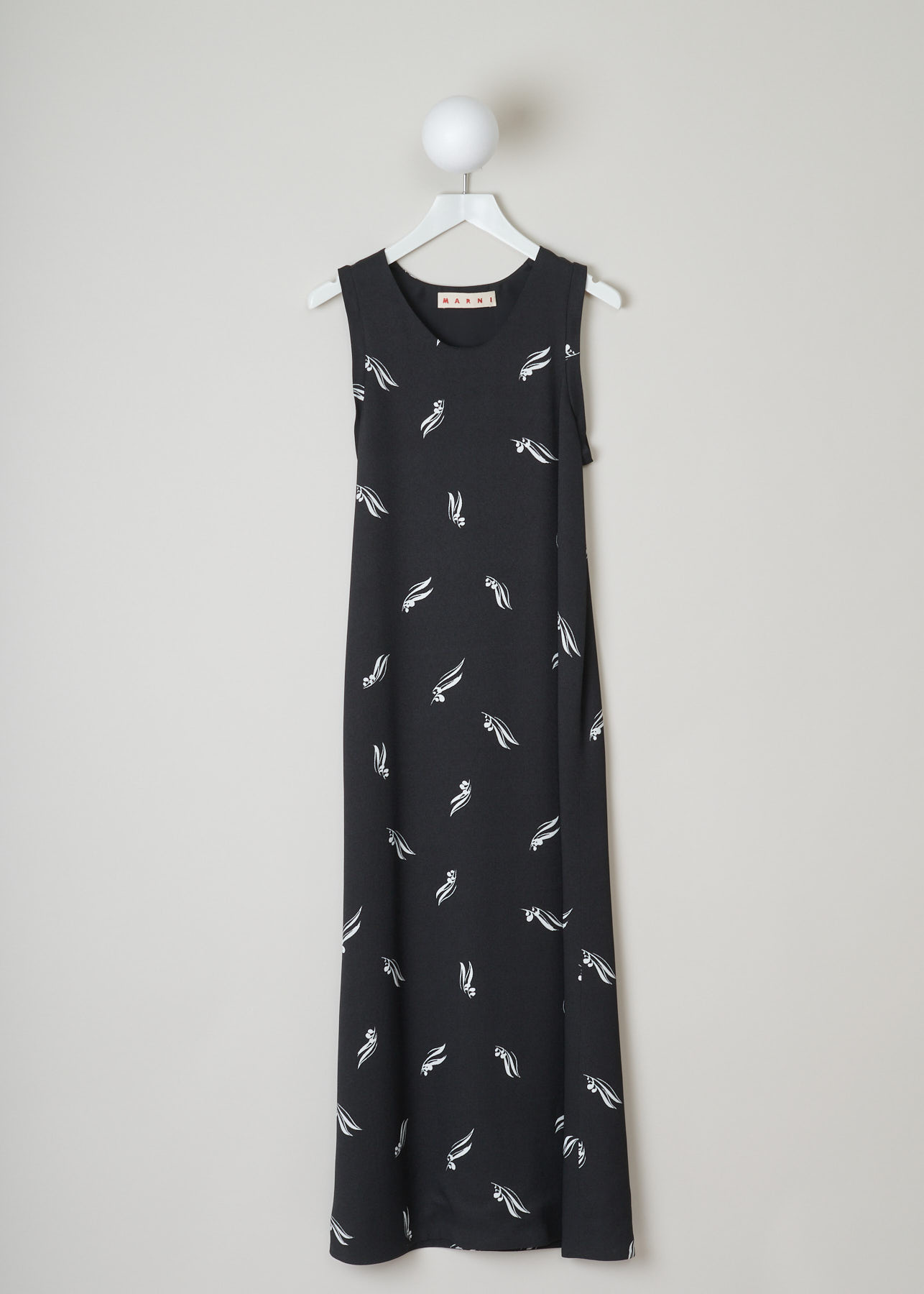 Marni, long black sleeveless dress, ABMAT87JUY_TV478_OPN99_Black, black, front, Maxi black sleeveless dress. High neckline, with an fun white print looking similar to cherries on the stem.  
