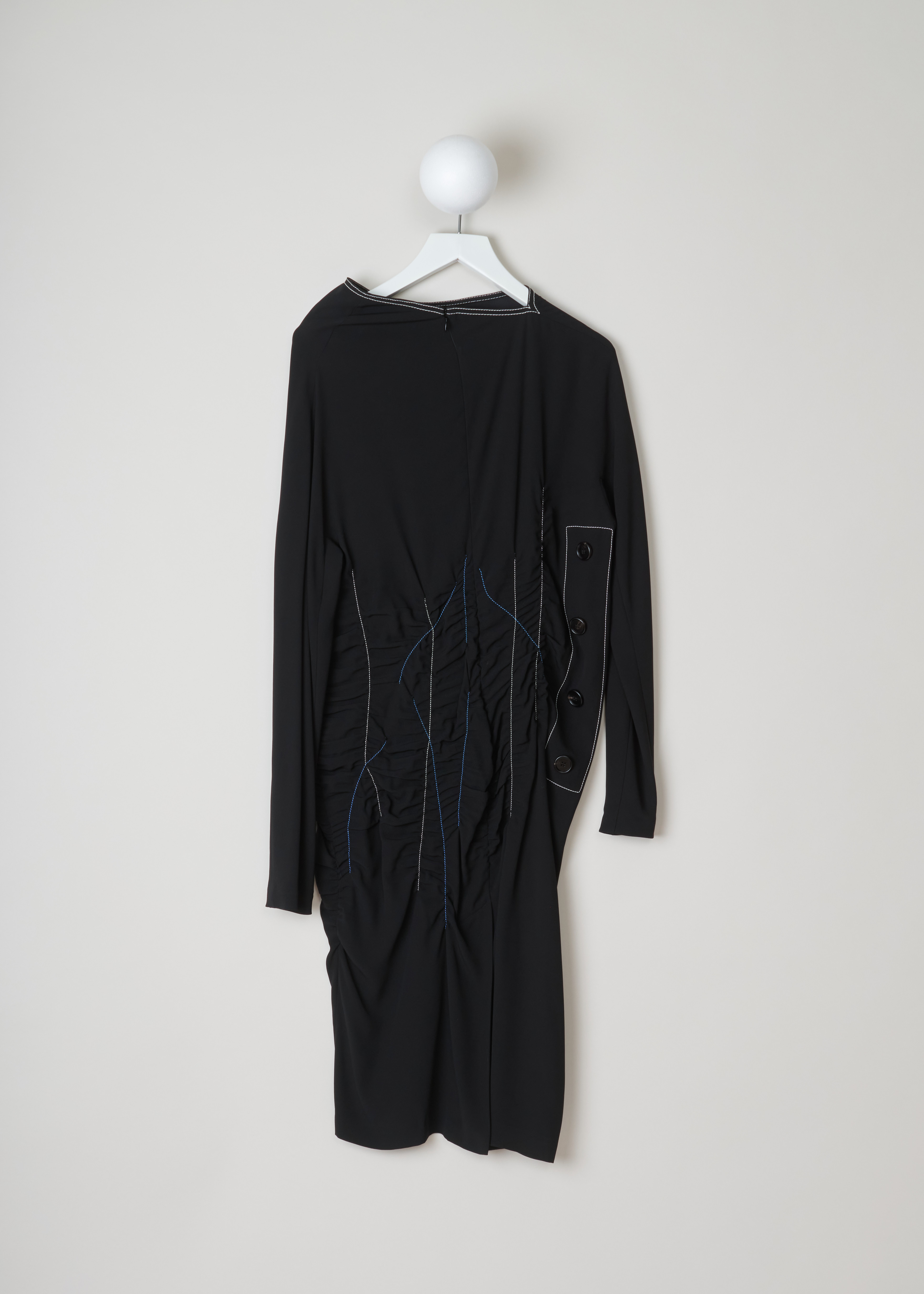 Marni Elasticated black dress ABMAZ51M00_TV285_00N99 black back. Long sleeves black dress with contrasting blue and white elastic stitching to create gathers in the mid-section of the dress.