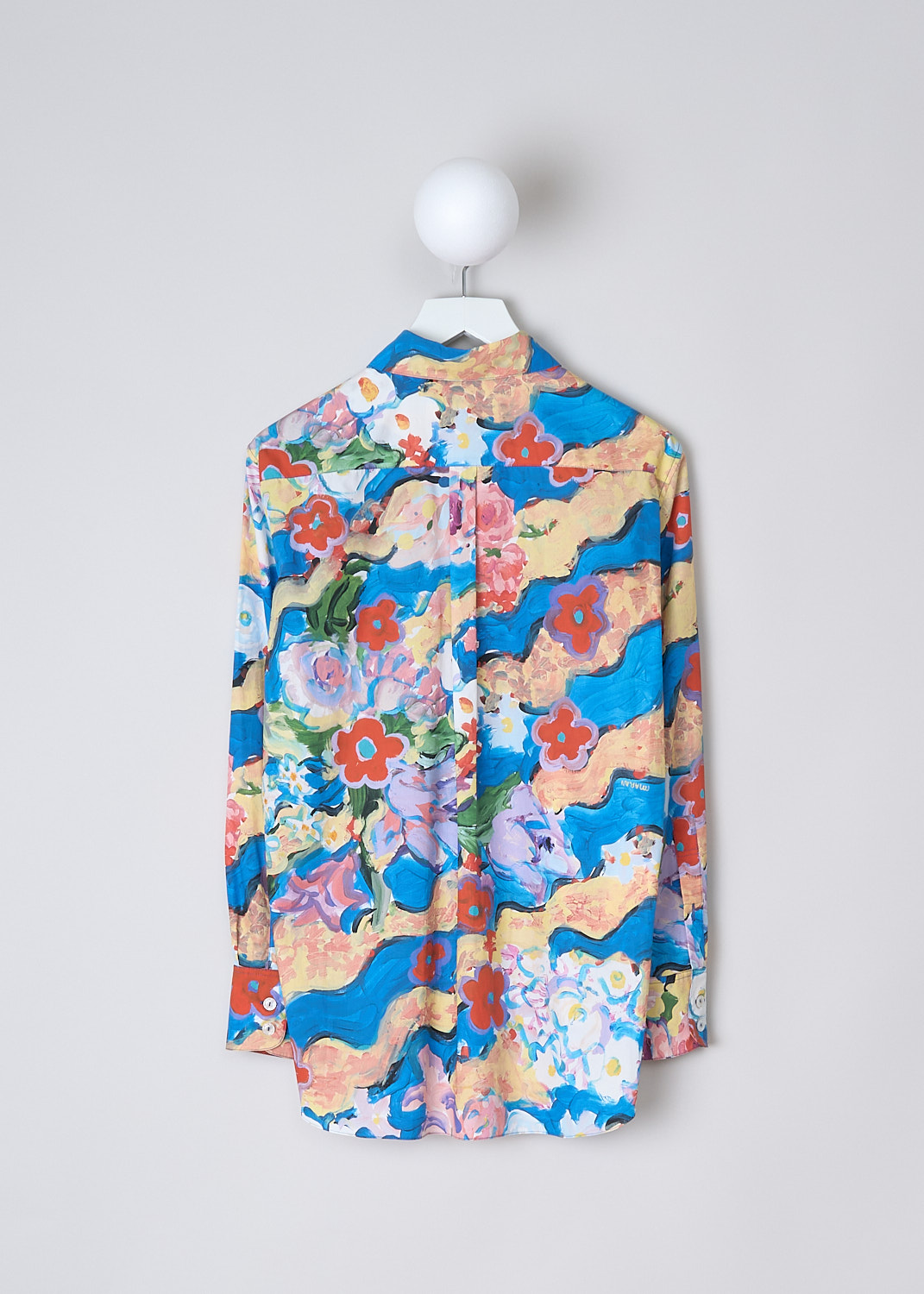 MARNI, COBALT JULIE POPLIN BLOUSE, CAMA0103A1_UTC229_JUB44, Blue, Print, Pink, Back, This Cobalt Julie poplin blouse has a multicolor all-over floral print. The blouse has a spread collar and a front button closure with mother-of-pearl buttons. The blouse has a single breast pocket. The long sleeves have buttoned cuffs. The rounded hem has a high-low hem, with the back being slightly longer than the front. 
