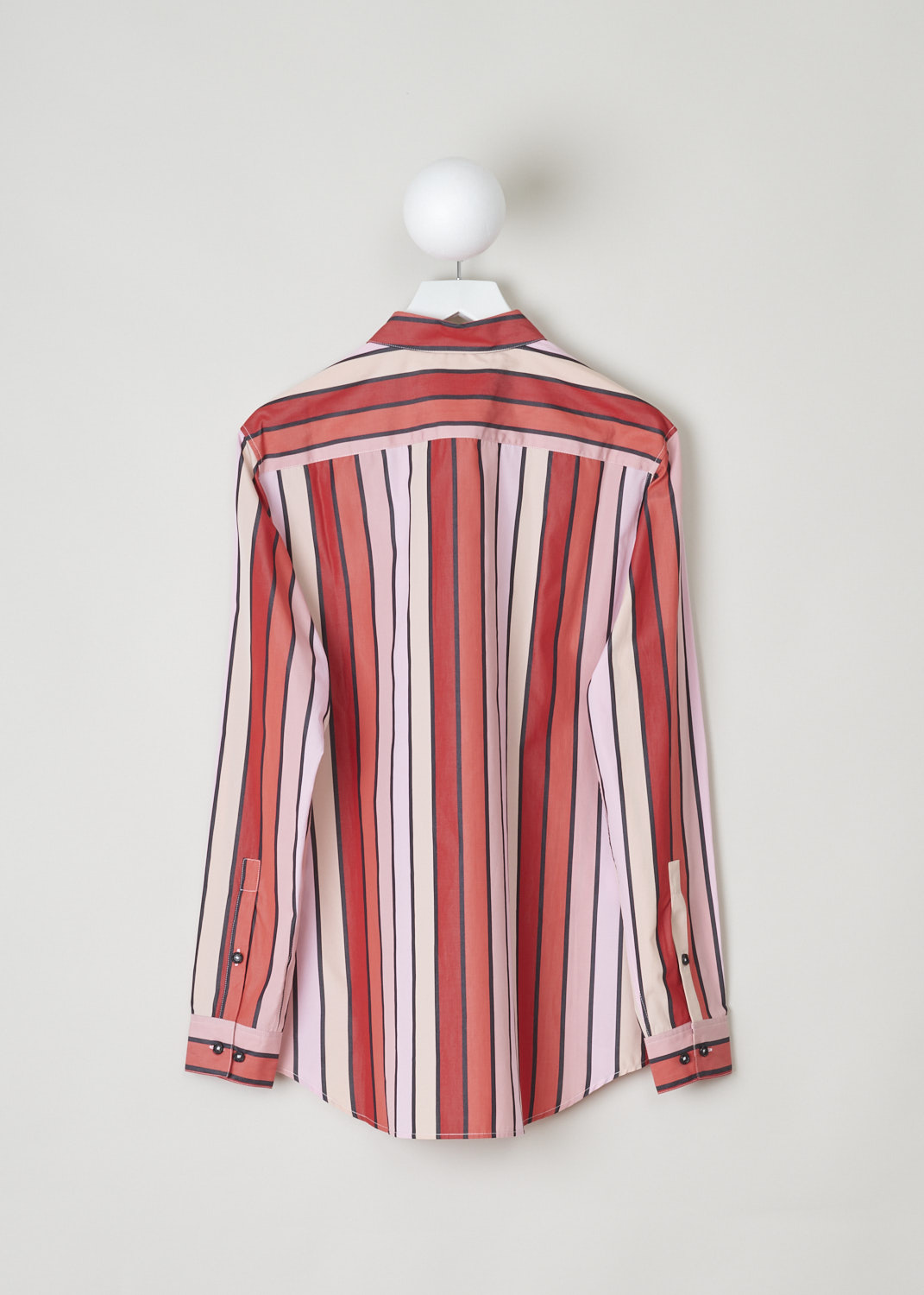 Marni, Multicolour striped blouse, CAMA0403A0_TCZ52_STR69, red pink beige black print, back, Made in the classic blouse model featuring a pointed collar, long cuffed sleeves and a button fastening on the front. What makes this model stand out so much is the cheerful coloured print, where strokes of red, pink, beige and black alternate each other.