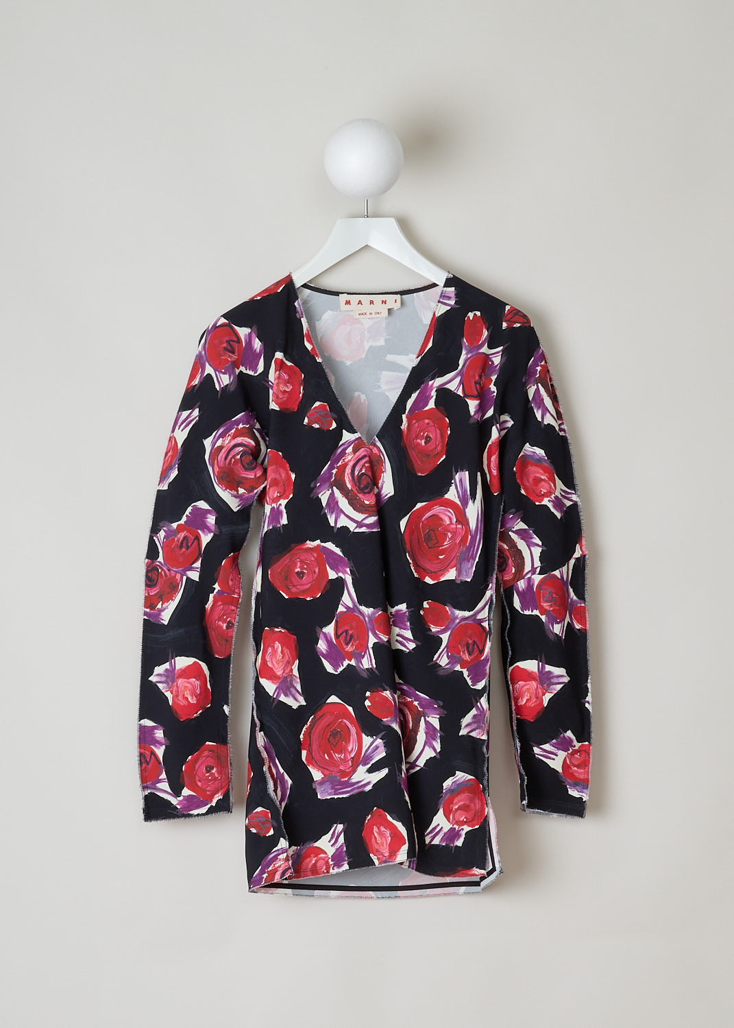 MARNI, ROSE PRINTED LONG SLEEVE TOP, CAMA0486A0_UTV908_SRN99, Print, Front, This long sleeve top has a rose print. The top features a V-neckline, small slits on the sleeves and on either side. The top has a raw hemline throughout.

