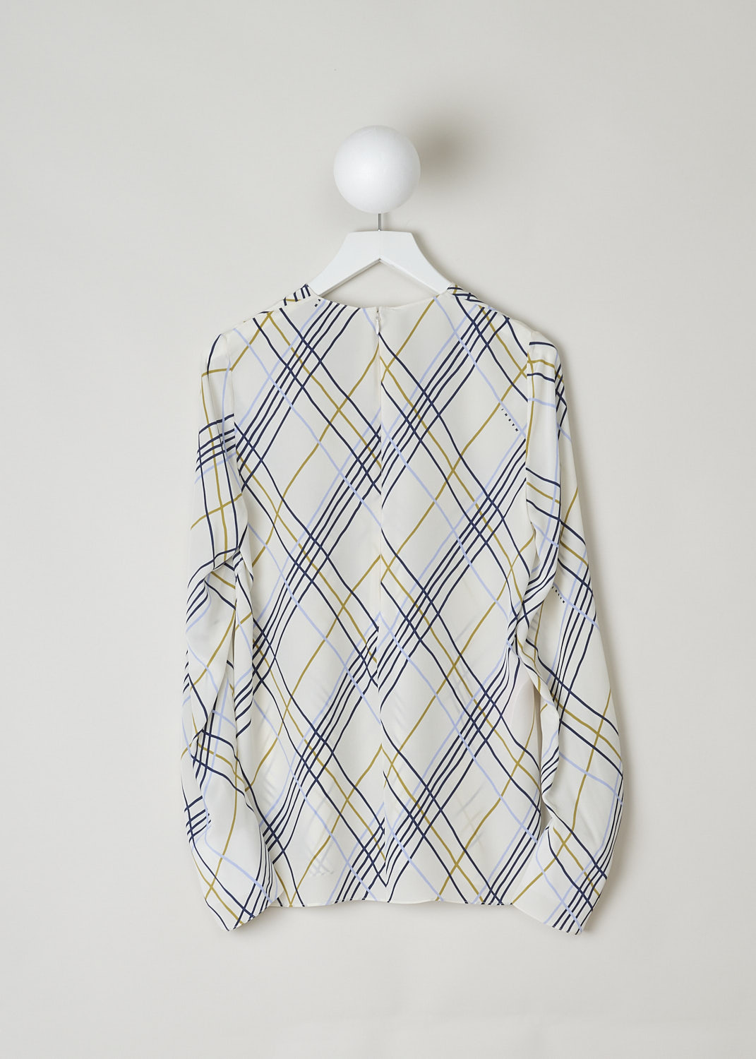 MARNI, SILK CROSS STRIPED TOP, CAMA0519A0_UTSF88_WRW06, White, Print, Blue, Back, This silk top has an off-white base with a colorful criss-cross stripe print. To one side, small Marni logo lettering can be found. The top has a ruched round neckline and that same ruching can be found on the long sleeves. The top has a straight hemline. In the back, a concealed centre zip functions as the closure option. 
